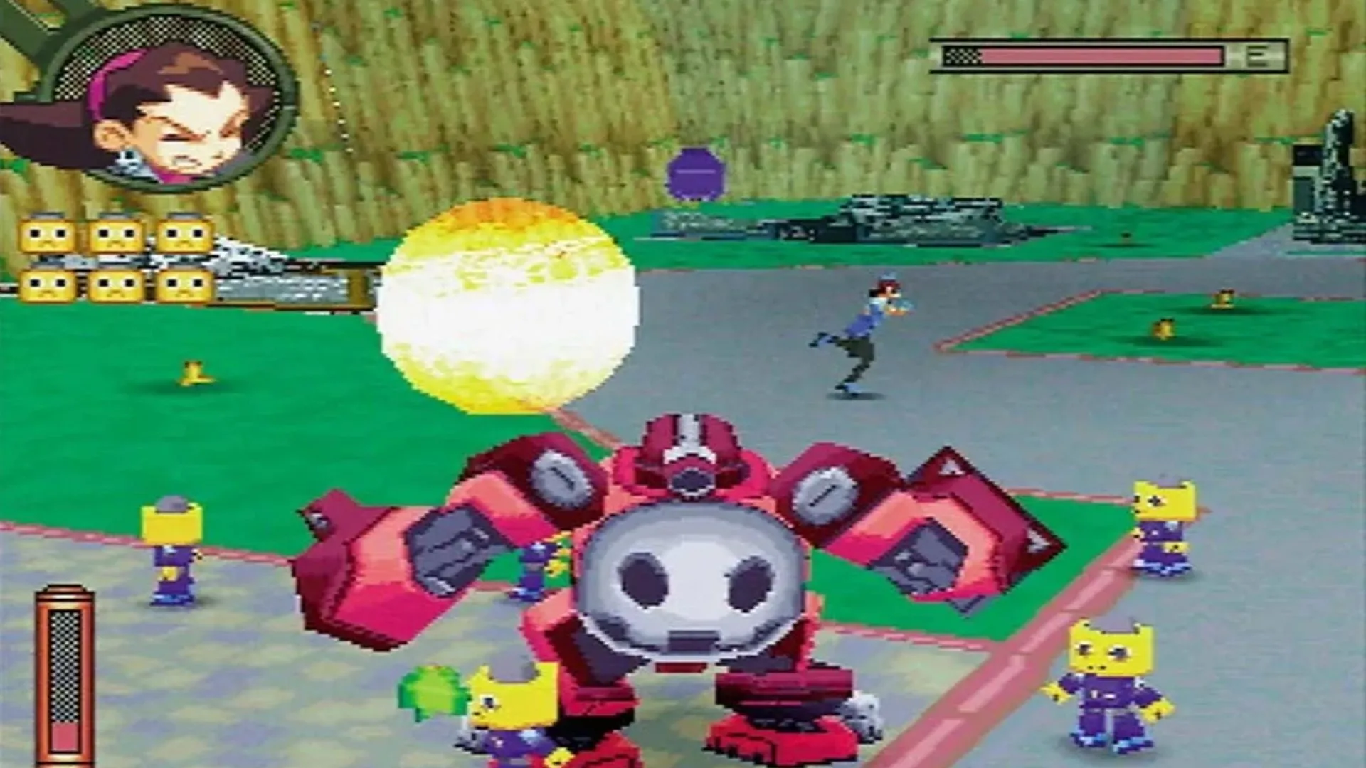 Ảnh chụp màn hình lối chơi của The Misadventures of Tron Bonne, cho thấy nhân vật chính Tron Bonne điều khiển robot chiến đấu.