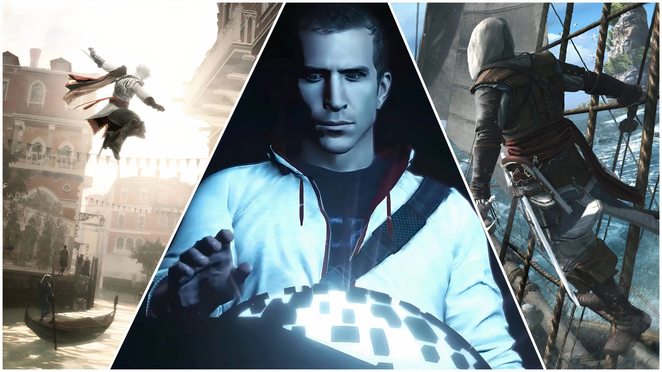 Ba nhân vật Ezio, Desmond và Edward từ các game Assassin's Creed khác nhau