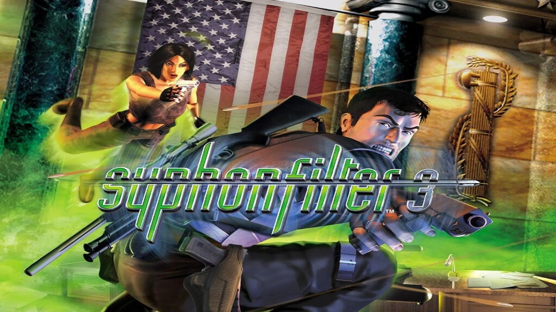Bìa hộp gốc của game Syphon Filter 3 trên PS1, phiên bản trước vụ 11/9, hiển thị nhân vật chính Gabe Logan trước phông nền là Tòa tháp đôi WTC.
