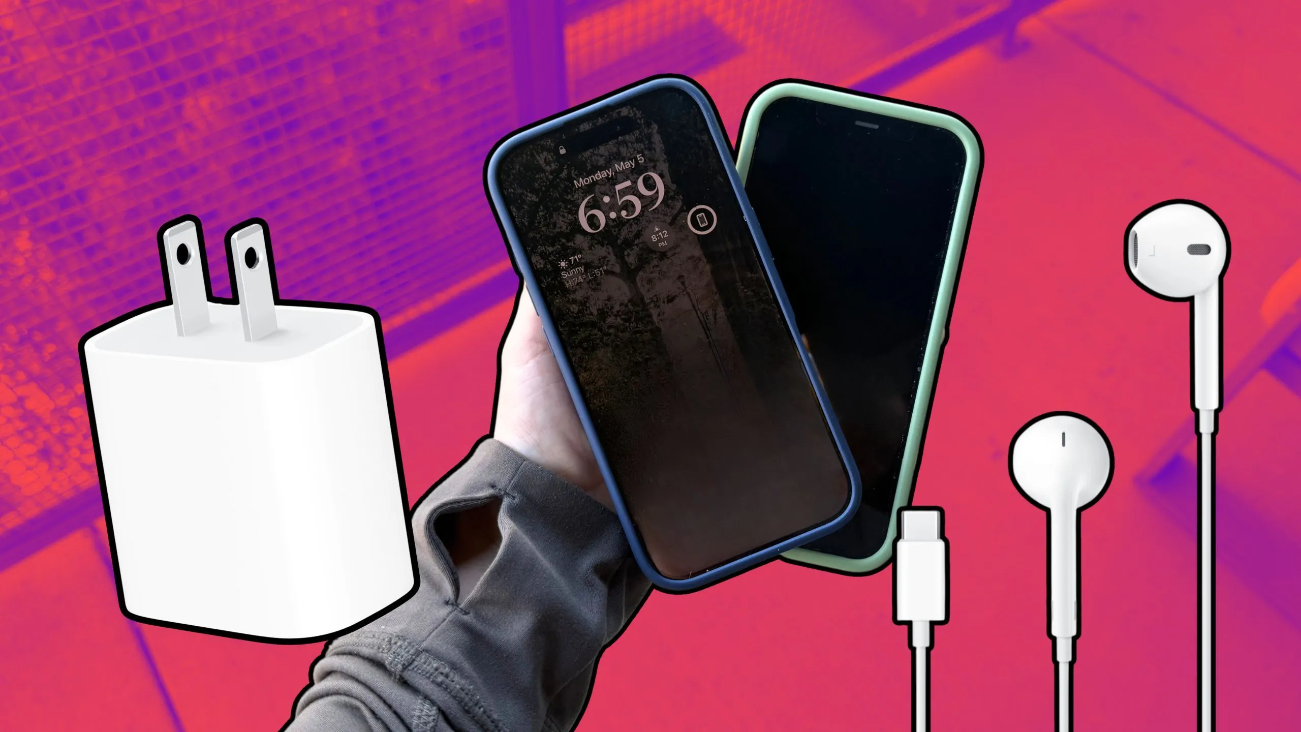 Bộ sản phẩm Apple gồm cục sạc, các mẫu iPhone và tai nghe EarPods.