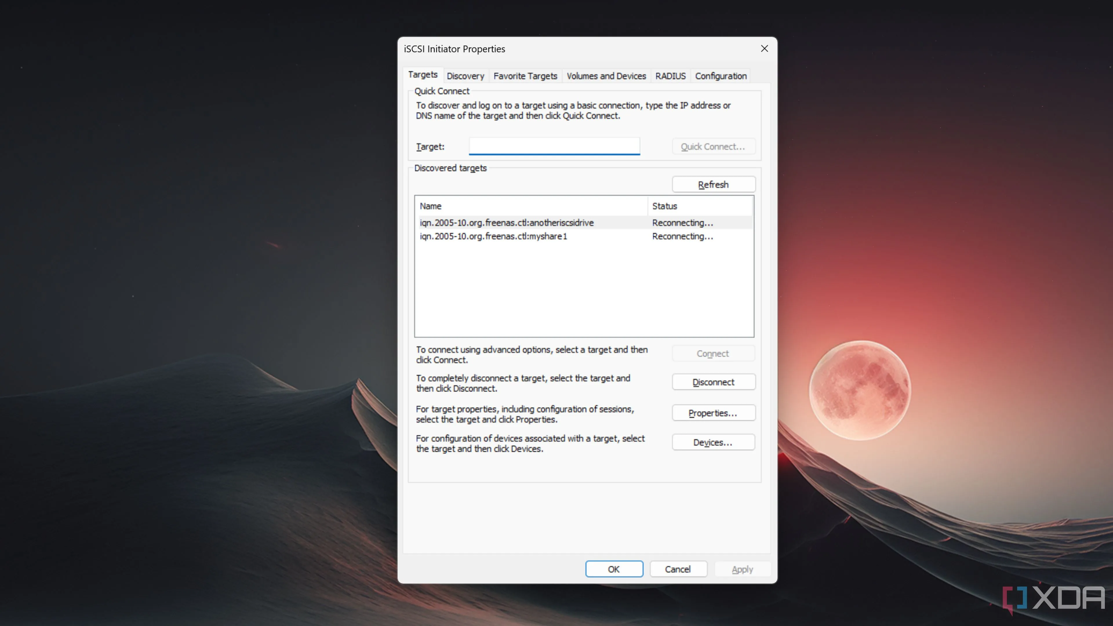 Giao diện công cụ iSCSI Initiator trên Windows 11