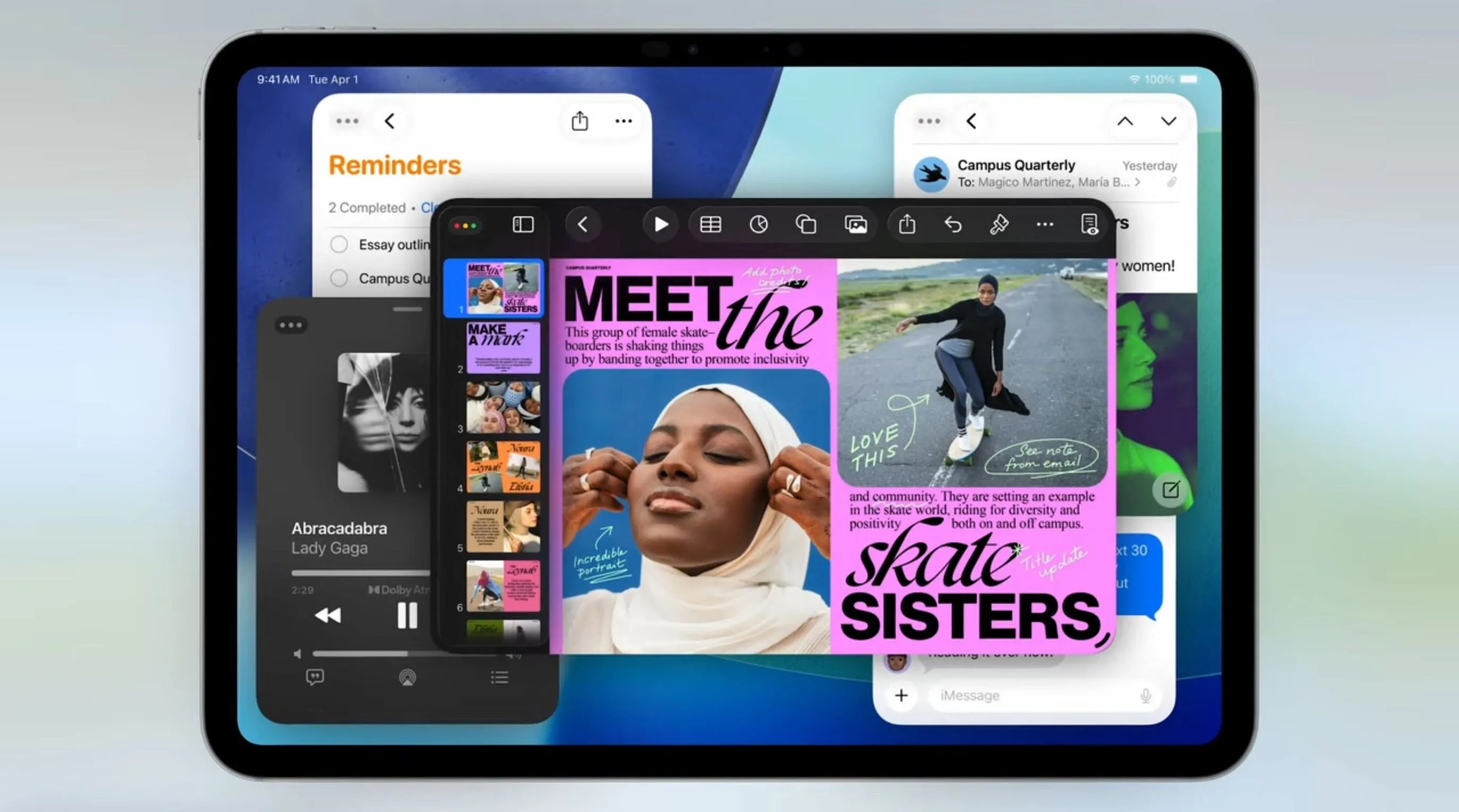 Hình ảnh giao diện iPadOS 26 hiển thị nhiều cửa sổ ứng dụng với kích thước và vị trí khác nhau