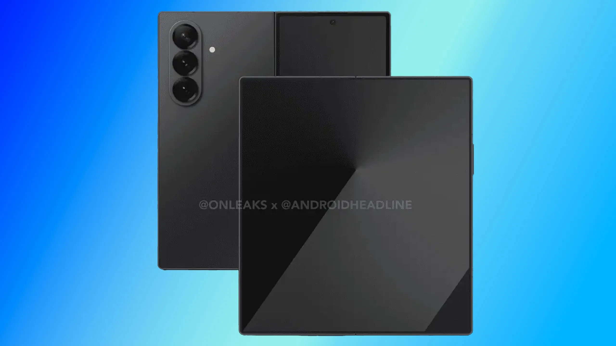 Hình ảnh render rò rỉ của Galaxy Z Fold 7 trên nền xanh.