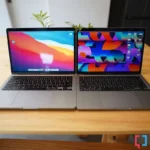 MacBook Pro 13-inch 2020 chạy chip Intel (trái) và MacBook Pro 13-inch 2022 chạy chip M2 (phải), minh họa sự khác biệt giữa hai dòng chip