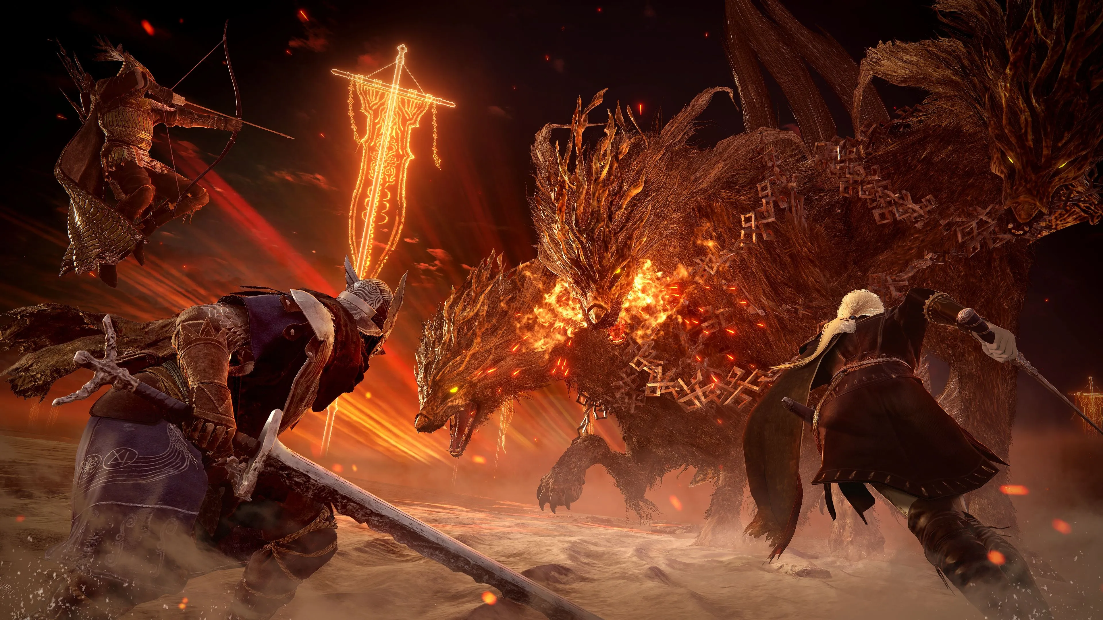 Nhóm người chơi chiến đấu với quái vật trong Elden Ring Nightreign (Ảnh gameplay)