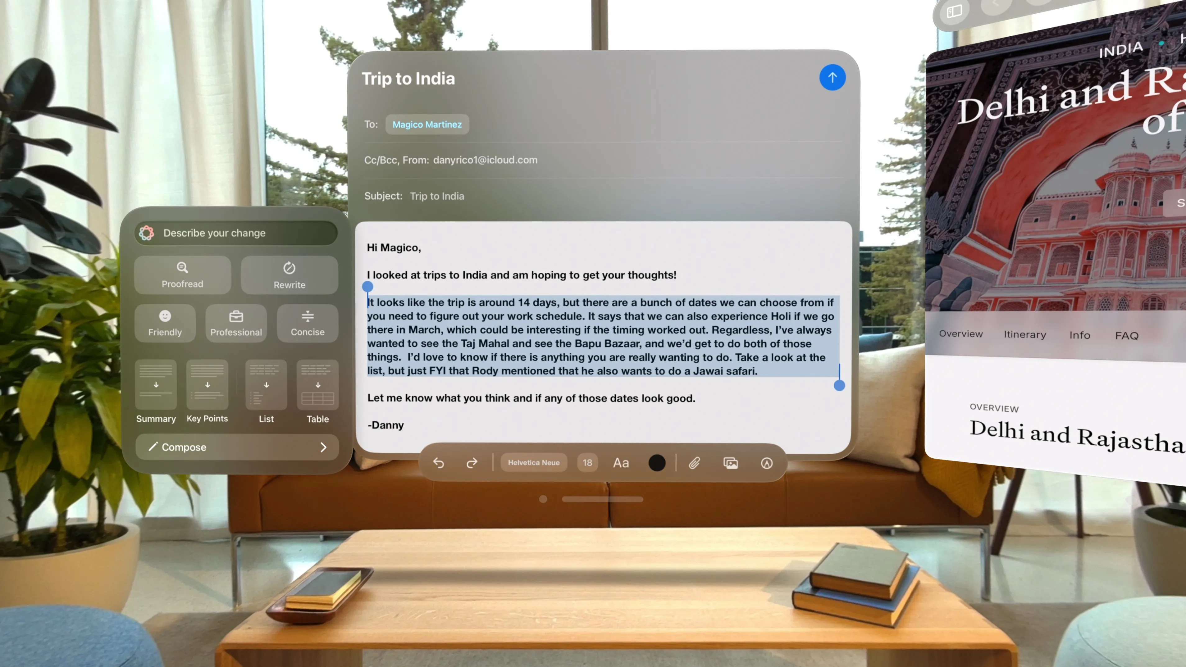 Apple Intelligence trên Apple Vision Pro với giao diện AI tạo văn bản và hình ảnh