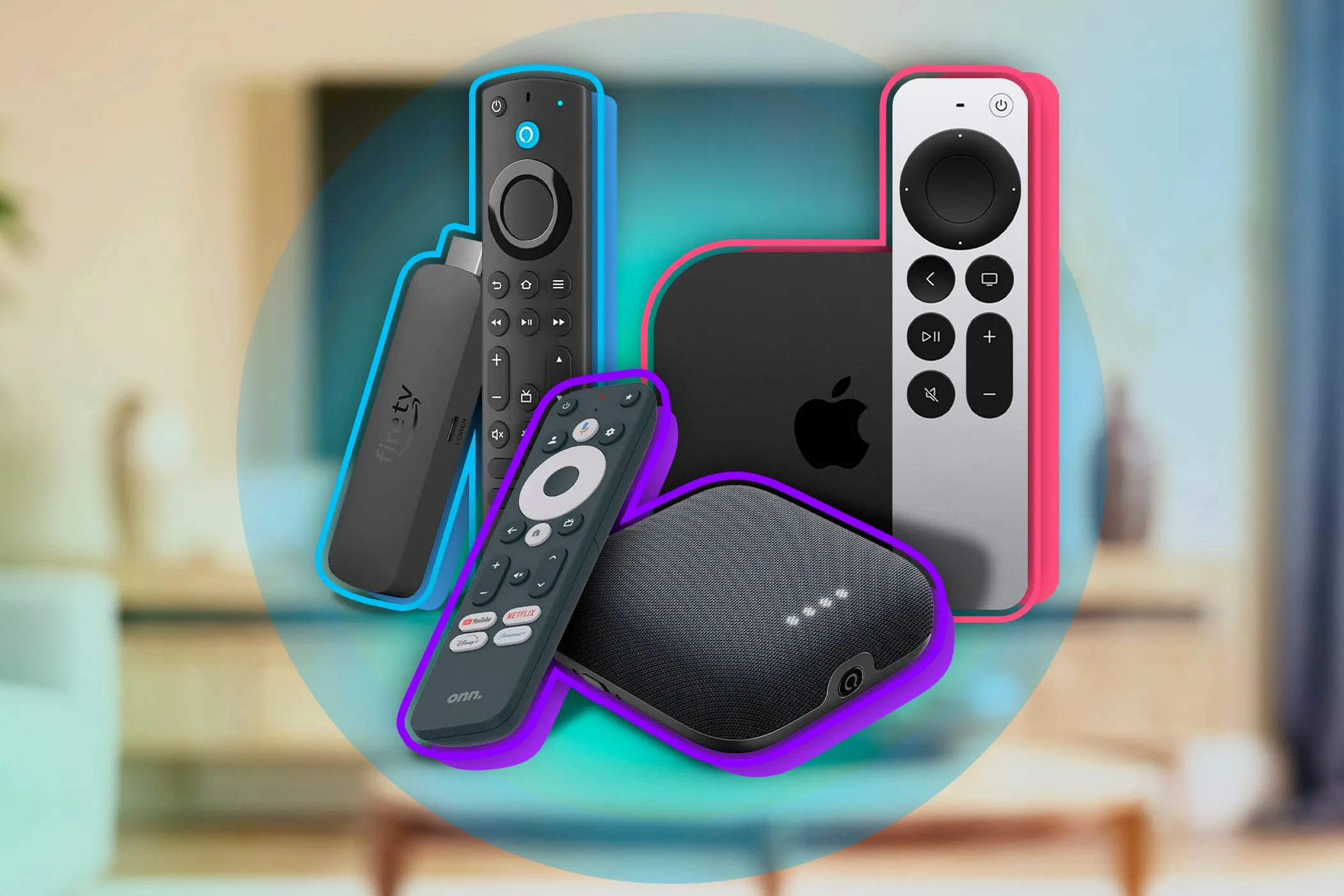 Các thiết bị truyền phát phổ biến như Amazon Fire Stick, Roku và Apple TV, giúp biến màn hình thành smart TV.