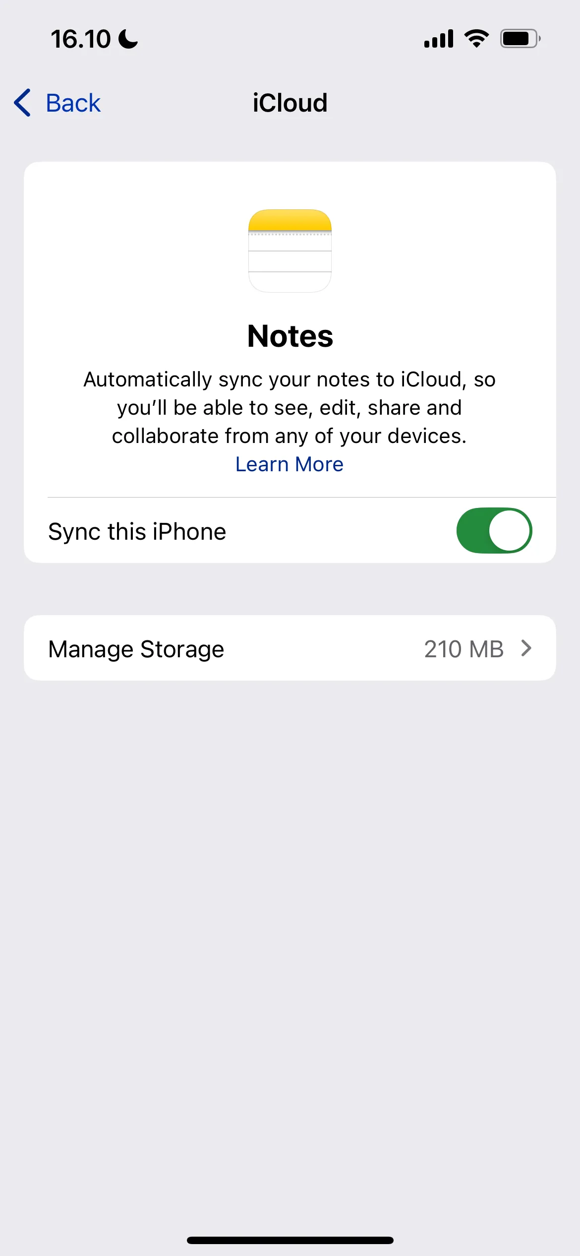 Cài đặt đồng bộ hóa ứng dụng Ghi chú trong iCloud, nơi người dùng có thể quản lý việc sao lưu ghi chú.