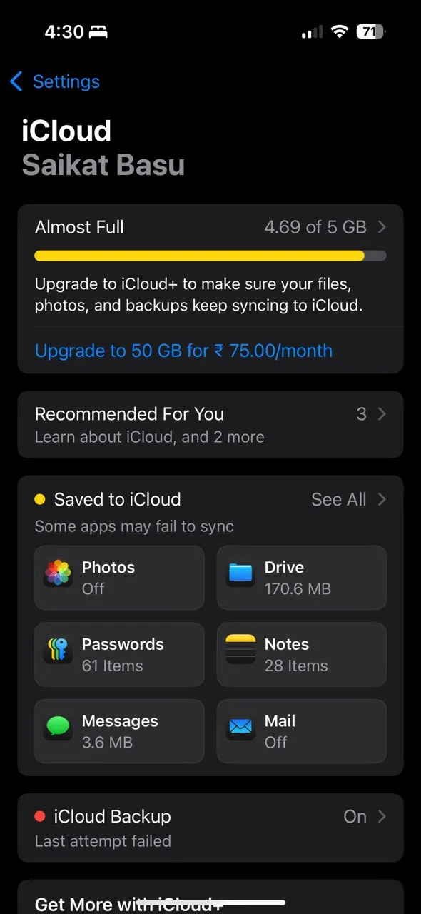 Cài đặt iCloud trên iPhone, hiển thị tùy chọn &quot;Ảnh&quot; để quản lý đồng bộ và tối ưu hóa bộ nhớ ảnh iCloud.