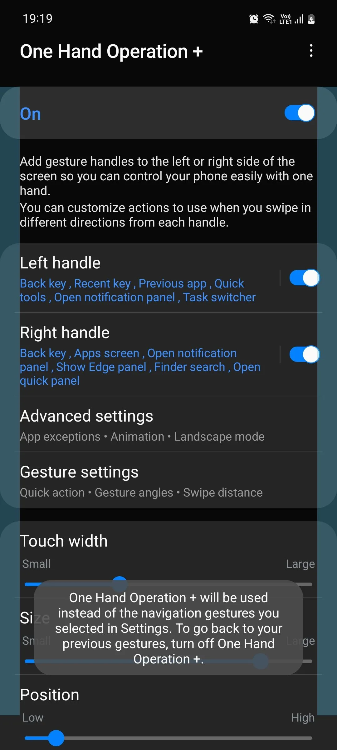 Cài đặt tay cầm cử chỉ trong module One Hand Operation+ của Samsung Good Lock, cho phép tùy chỉnh vùng hoạt động.