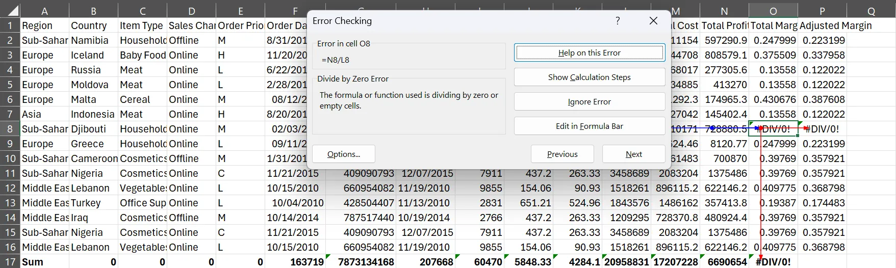Công cụ Kiểm tra lỗi (Error Checking) hiển thị thông báo lỗi trong ô O8 của Microsoft Excel, giúp xác định và sửa lỗi công thức