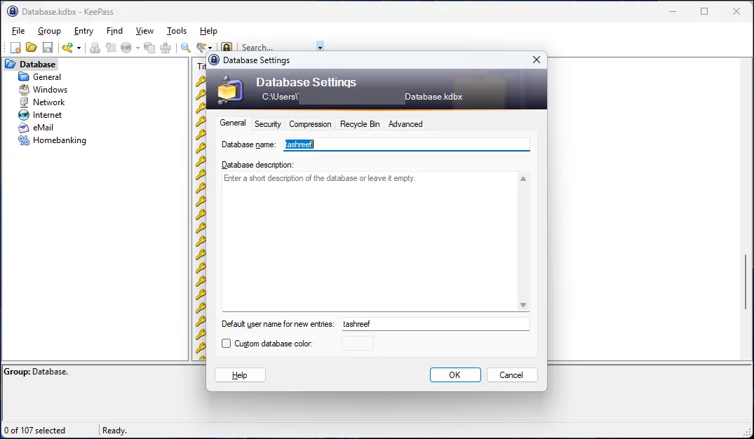 Cửa sổ cài đặt cơ sở dữ liệu KeePass với các tùy chọn mã hóa và nén