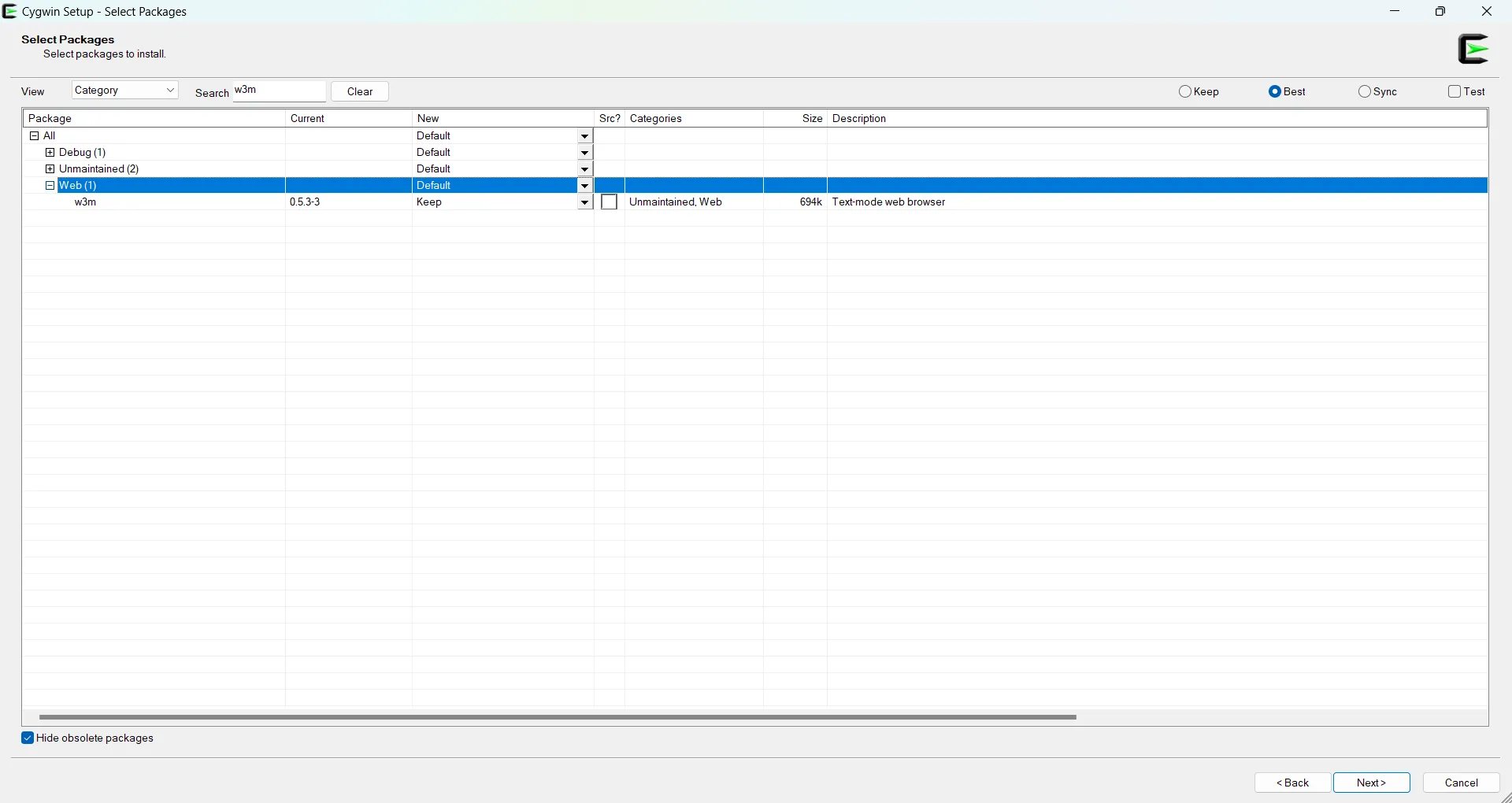Cửa sổ lựa chọn gói cài đặt Cygwin hiển thị tùy chọn w3m đã được chọn để cài đặt.