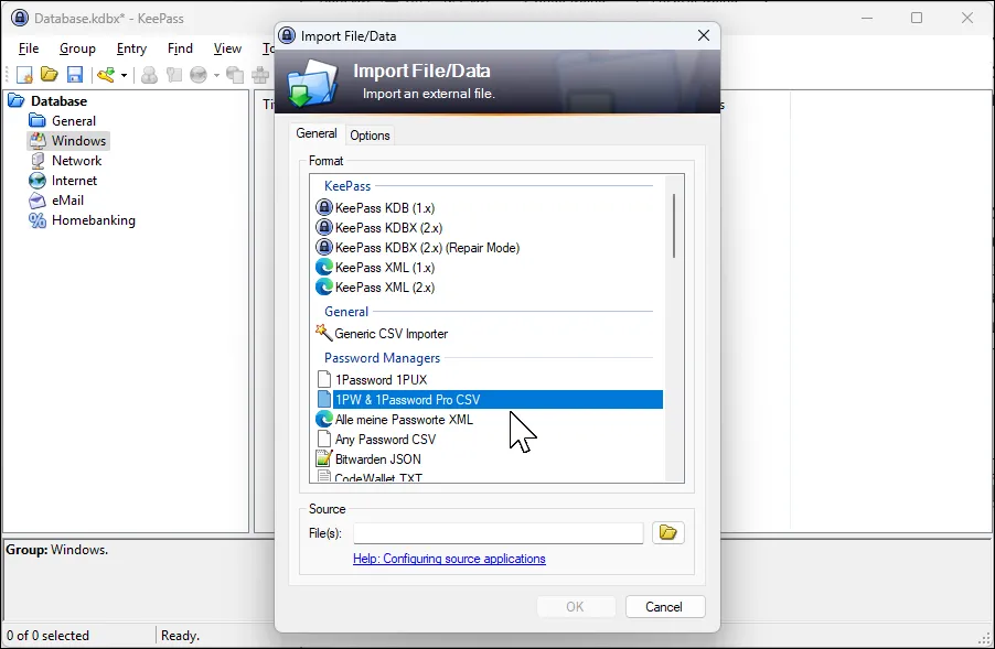 Cửa sổ nhập dữ liệu của KeePass, chọn định dạng 1Password