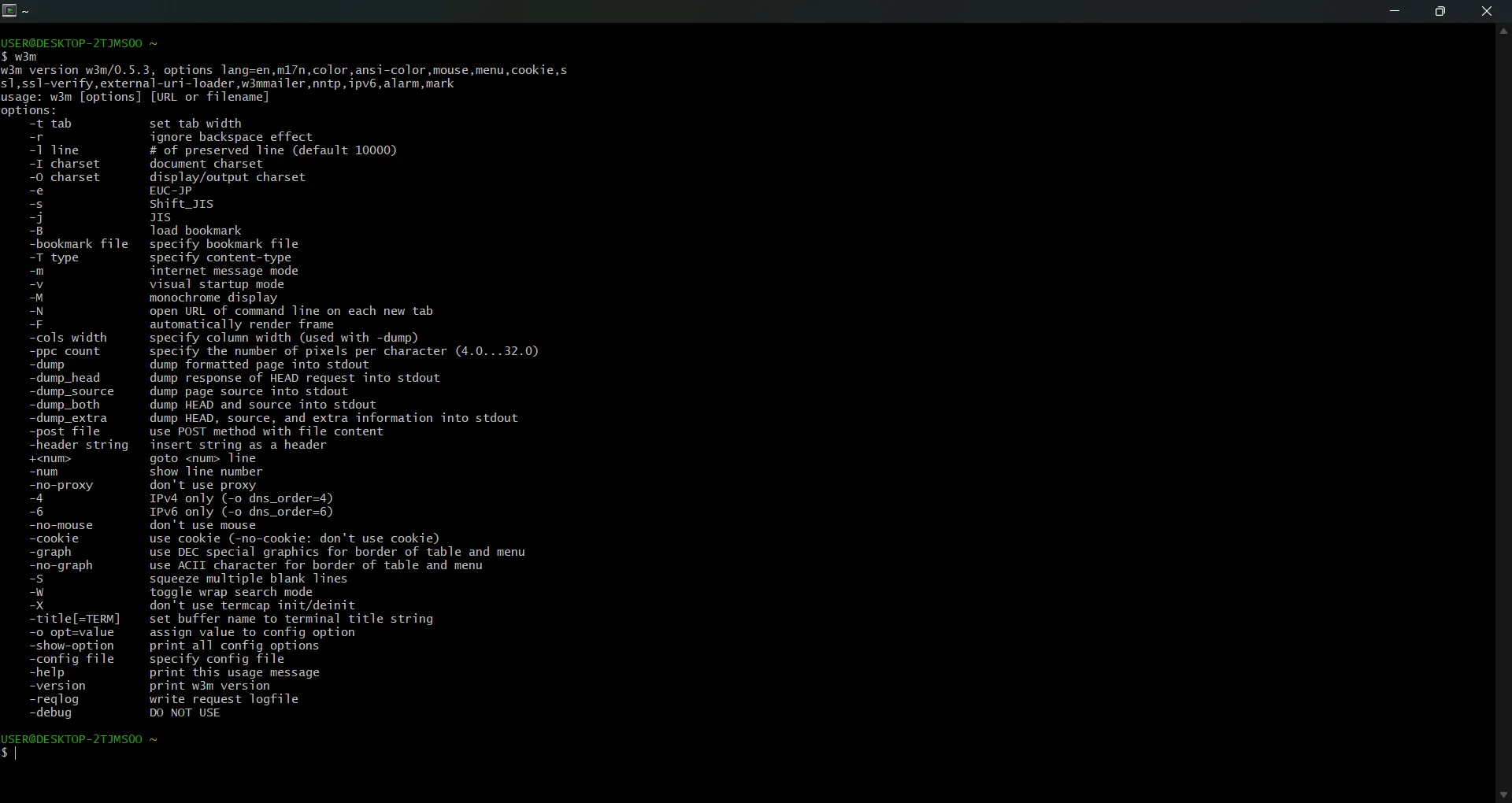 Cửa sổ Terminal Cygwin hiển thị lệnh w3m đã được chạy thành công.