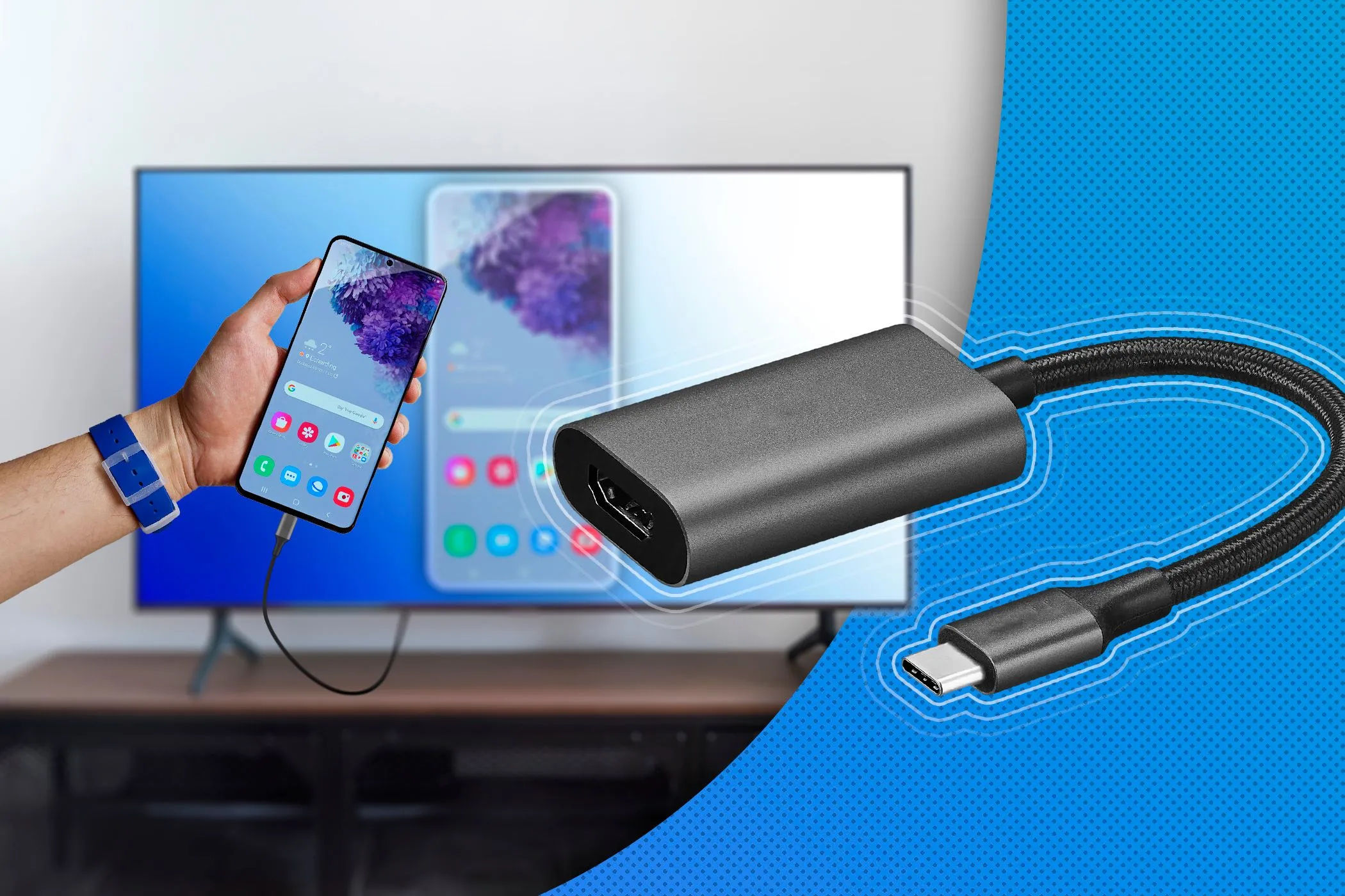 Điện thoại Android kết nối với màn hình qua adapter USB-C sang HDMI để phản chiếu màn hình.