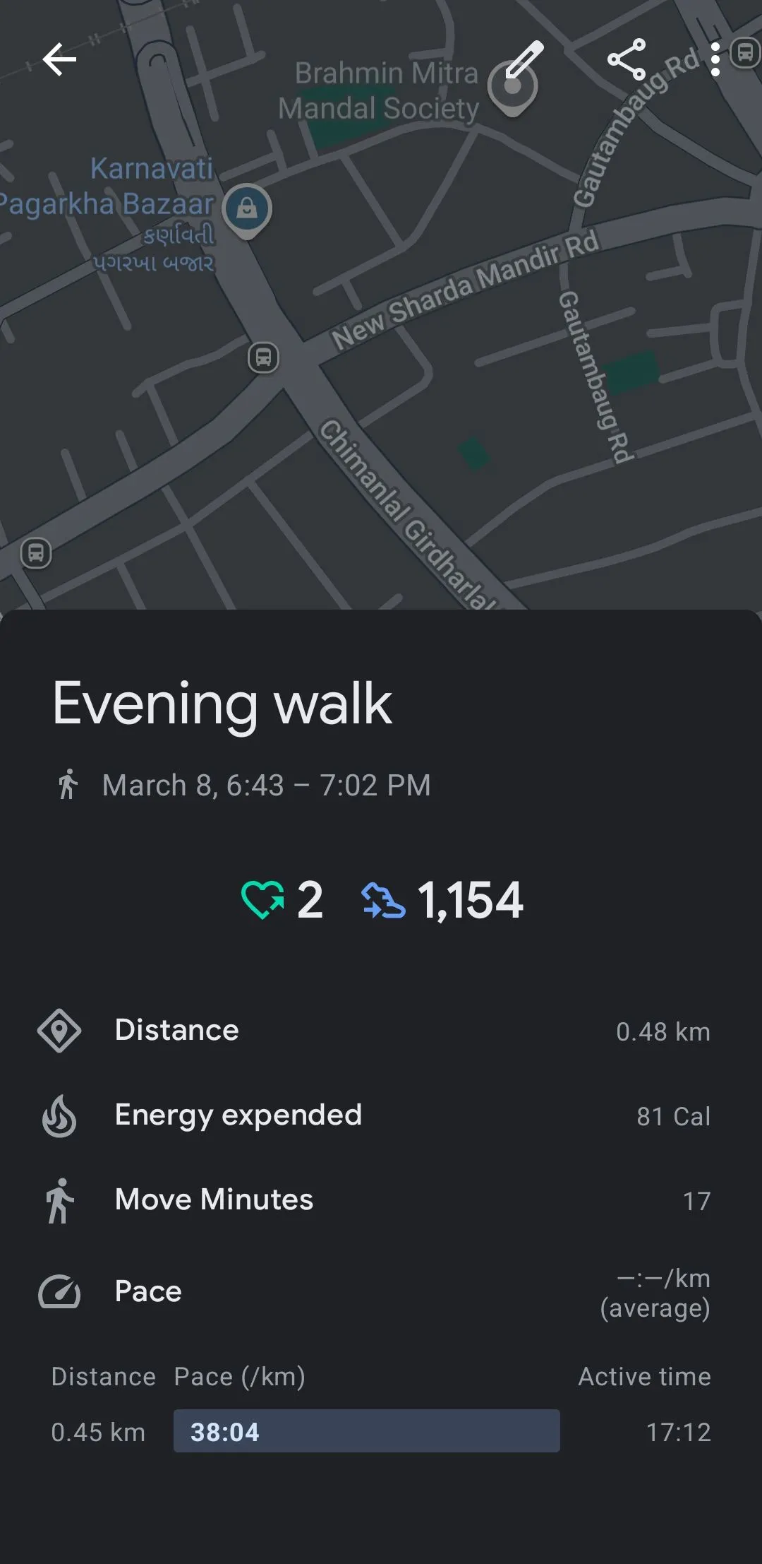 Dữ liệu hoạt động đi bộ buổi tối được ghi lại bởi Google Fit, hiển thị bản đồ và chi tiết quãng đường.