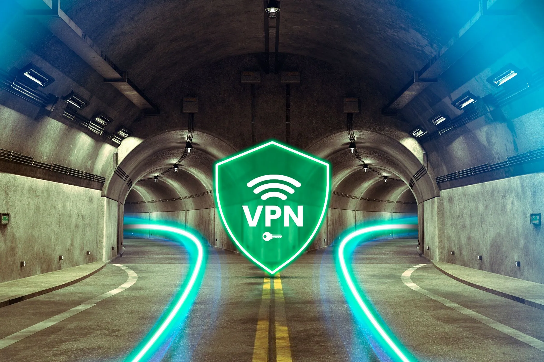 Đường hầm với hai lối rẽ, biểu tượng VPN ở giữa, tượng trưng cho kết nối an toàn