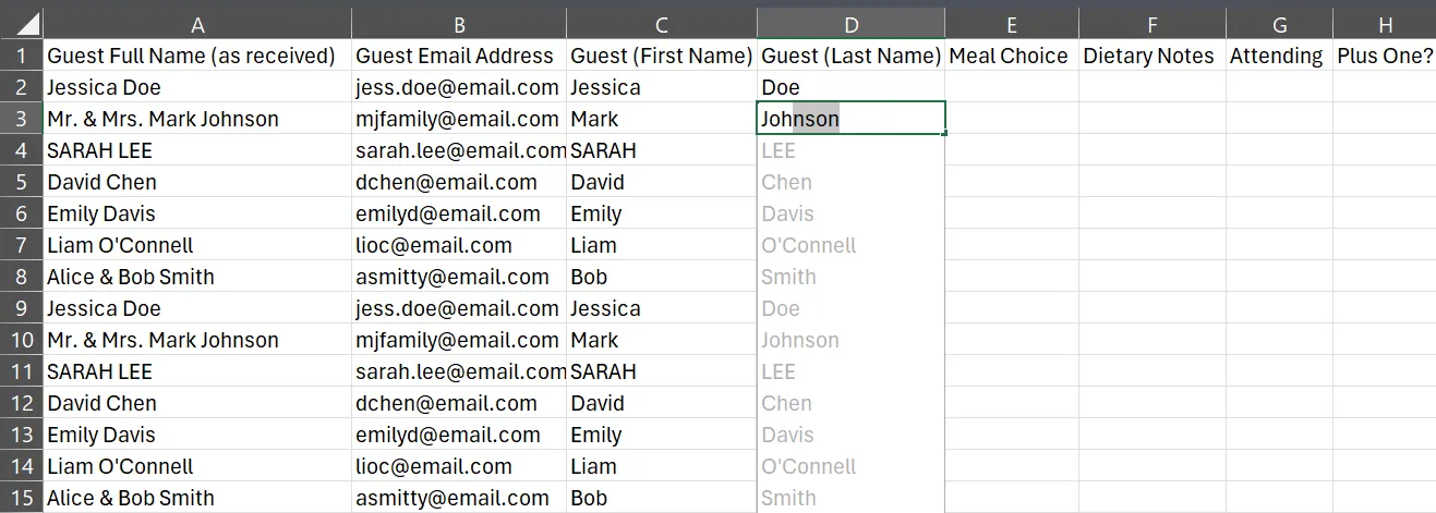 Flash Fill tự động điền các tên cuối cùng trong cột Họ khách mời trên bảng tính Microsoft Excel, thể hiện khả năng dự đoán thông minh