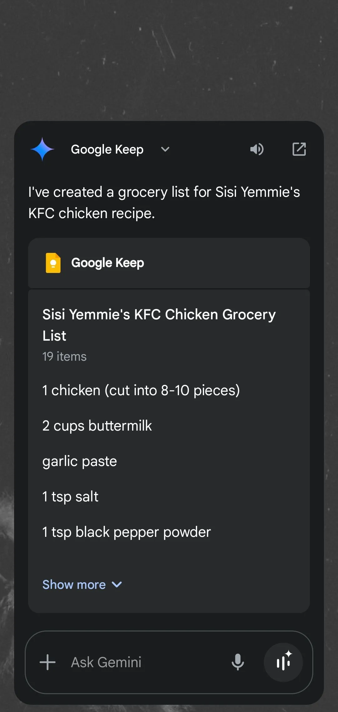Gemini hiển thị danh sách mua sắm được tạo trong Google Keep