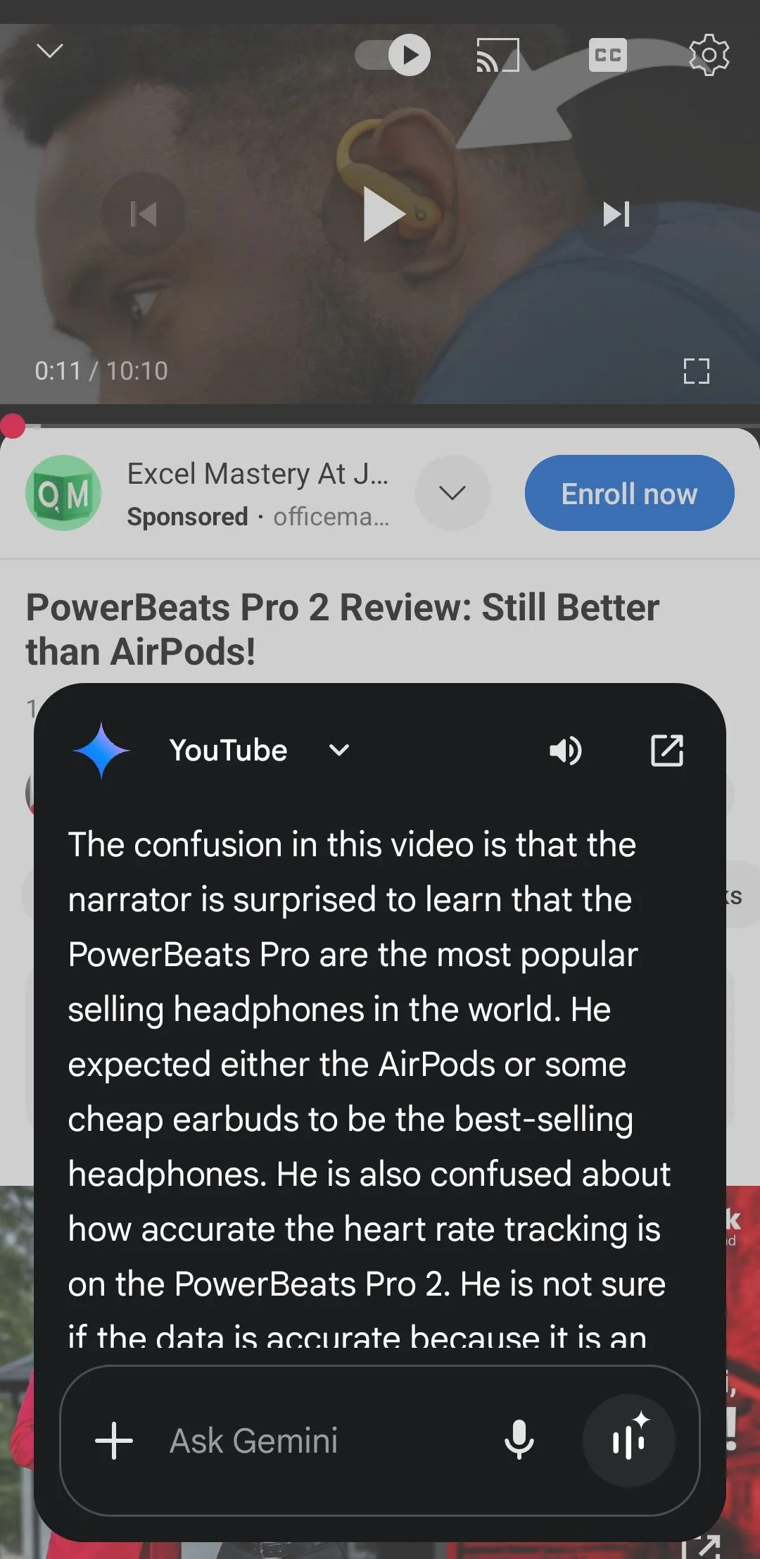 Gemini hiển thị tóm tắt nội dung video YouTube về PowerBeats Pro 2, minh họa tính năng AI hữu ích.