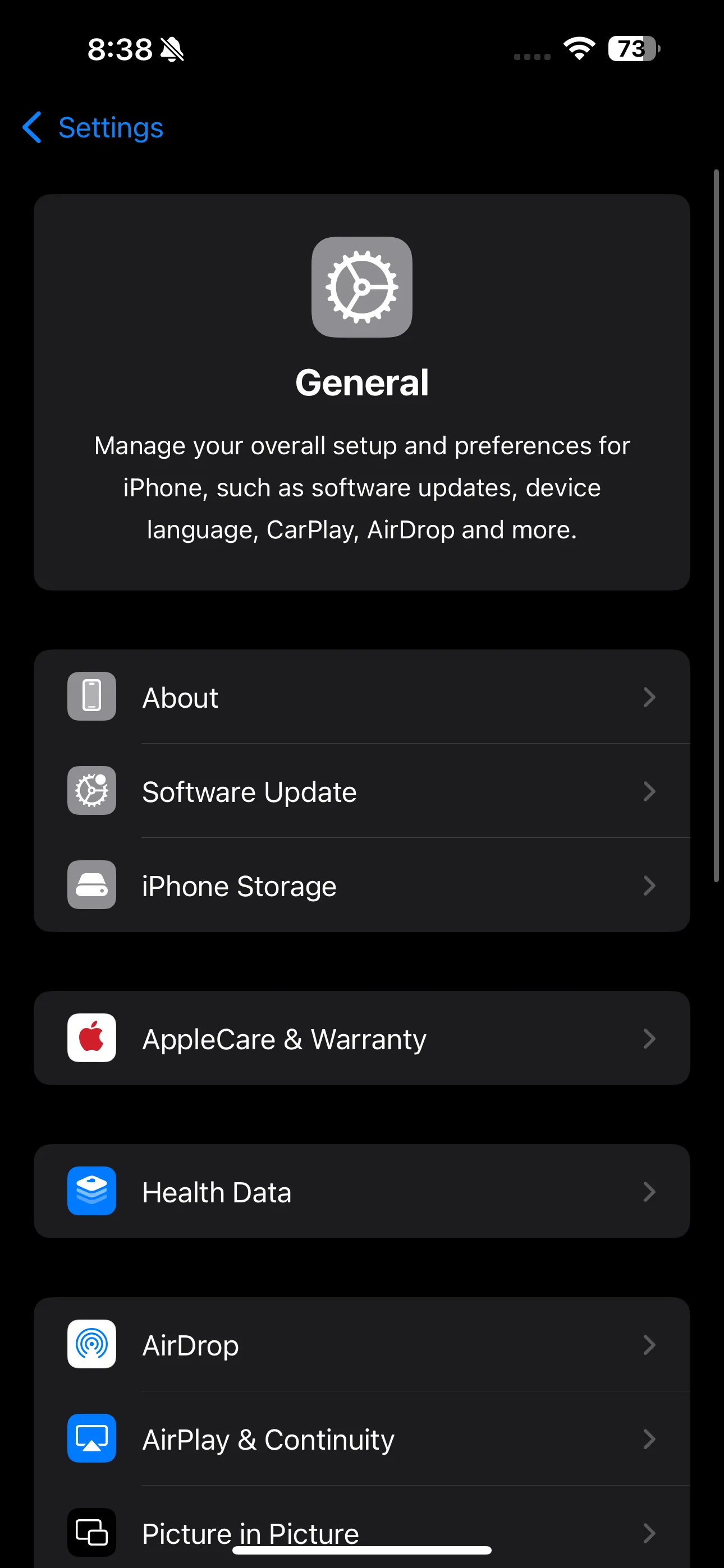 Giao diện Cài đặt chung trên iPhone, bước đầu tiên để kiểm tra dung lượng Apple Intelligence