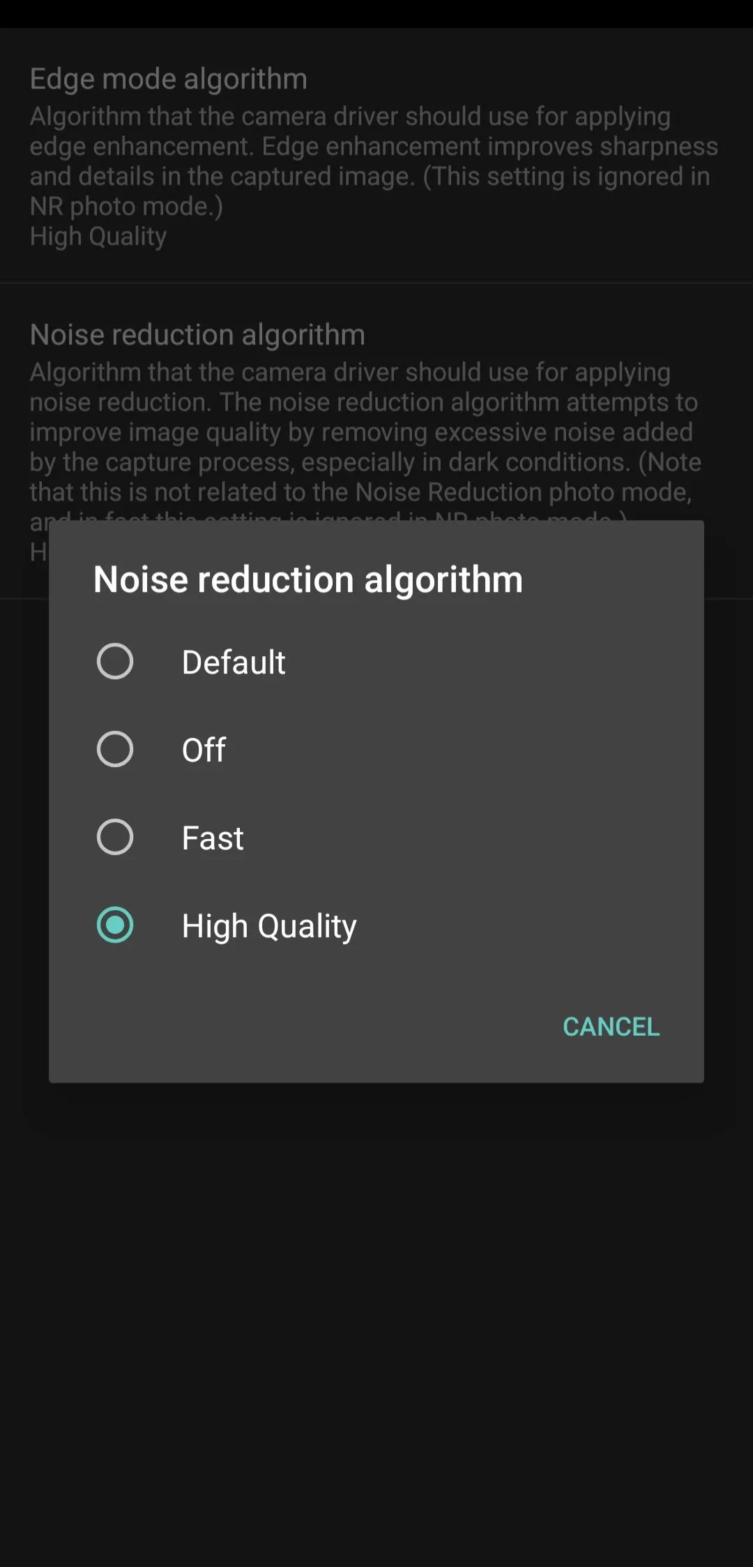 Giao diện cài đặt giảm nhiễu (Noise Reduction) của ứng dụng Open Camera.