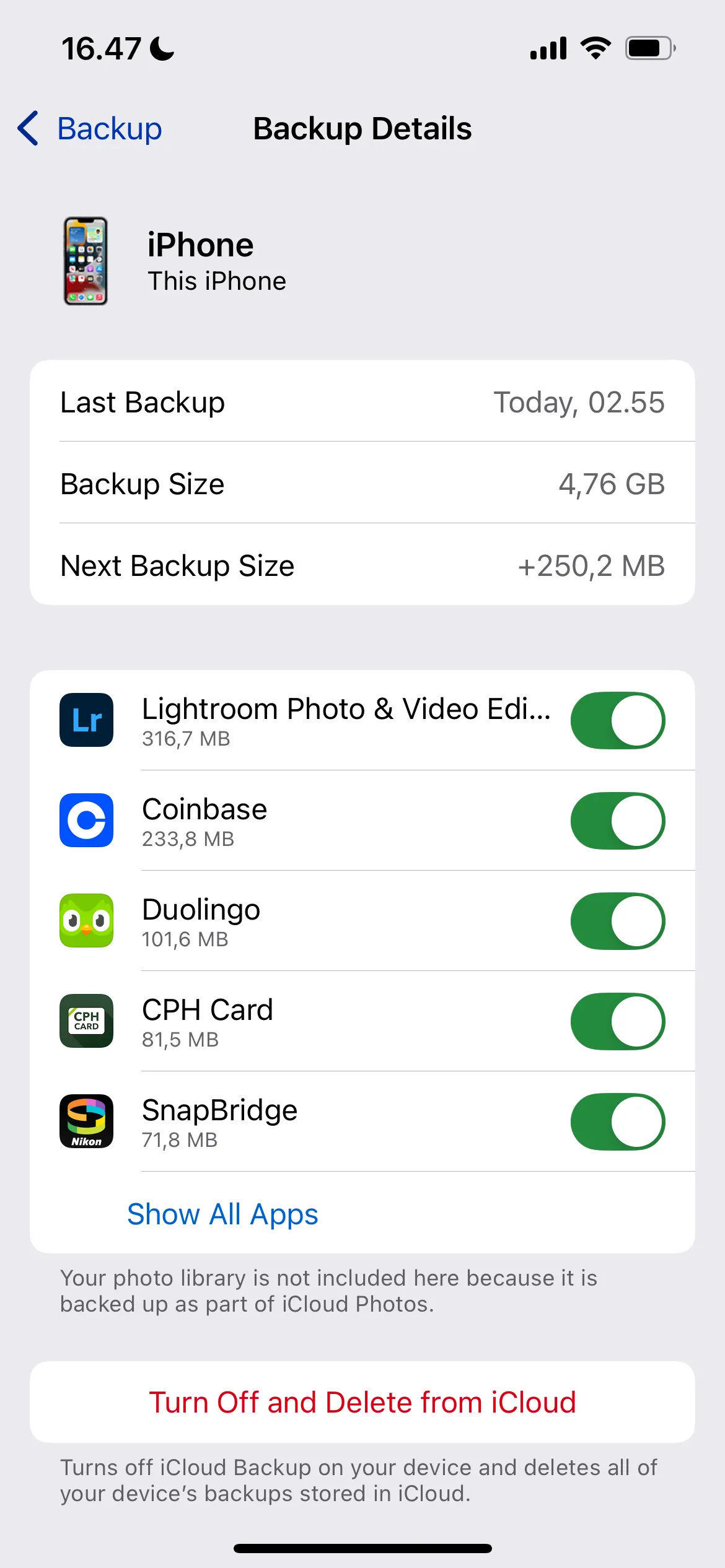 Giao diện chi tiết sao lưu iCloud của ứng dụng, nơi bạn có thể tùy chỉnh ứng dụng nào được sao lưu.