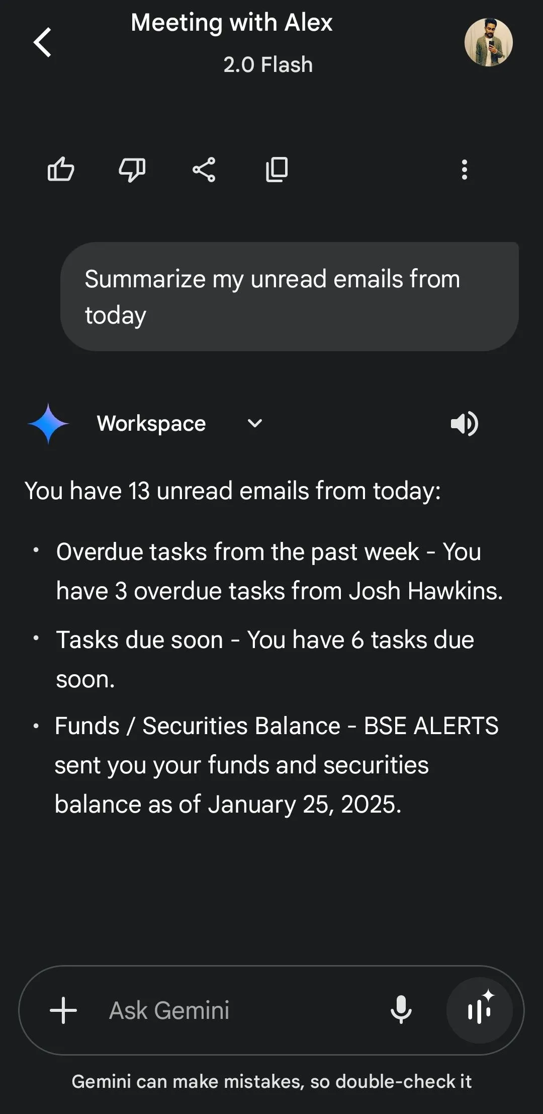 Giao diện Gemini đang tóm tắt các email chưa đọc từ Gmail, hiển thị khả năng tích hợp sâu.