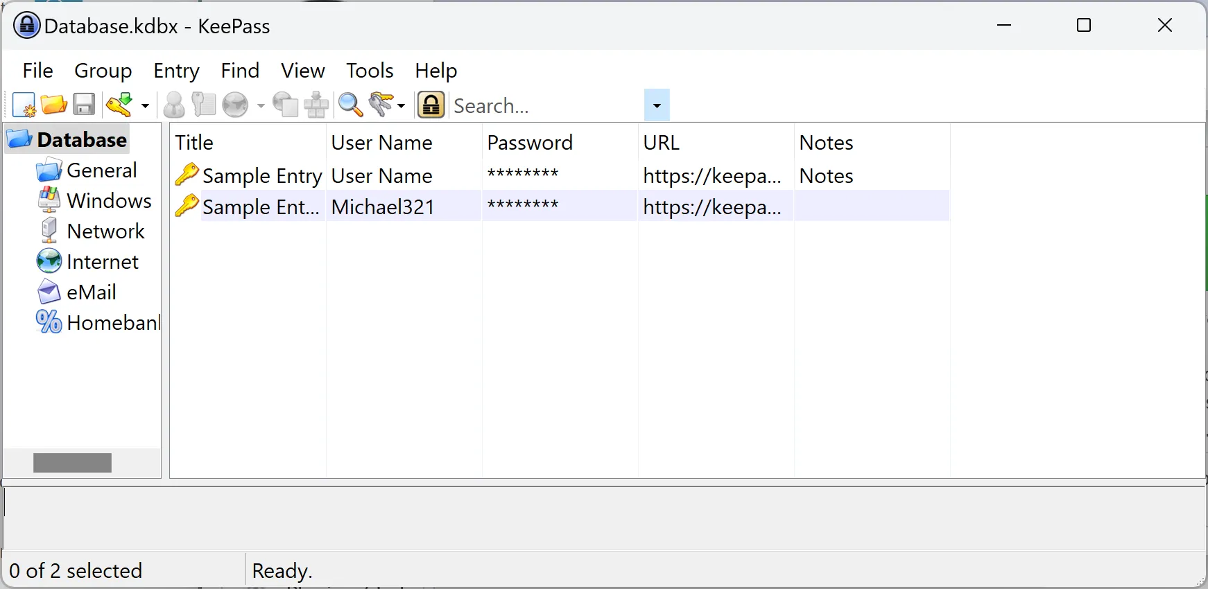 Giao diện KeePass đang hiển thị các mục mật khẩu mẫu và tùy chọn lưu