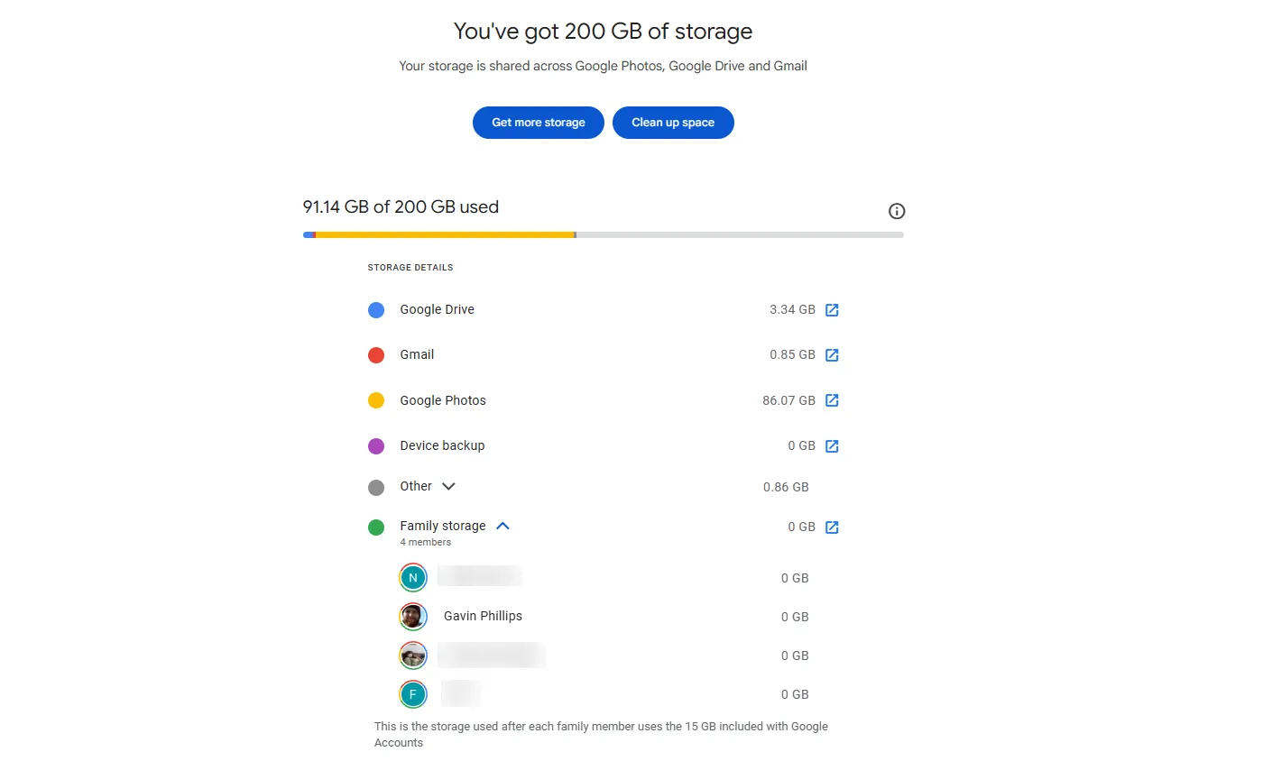 Giao diện quản lý bộ nhớ Google One hiển thị dung lượng sử dụng cho từng dịch vụ và tài khoản