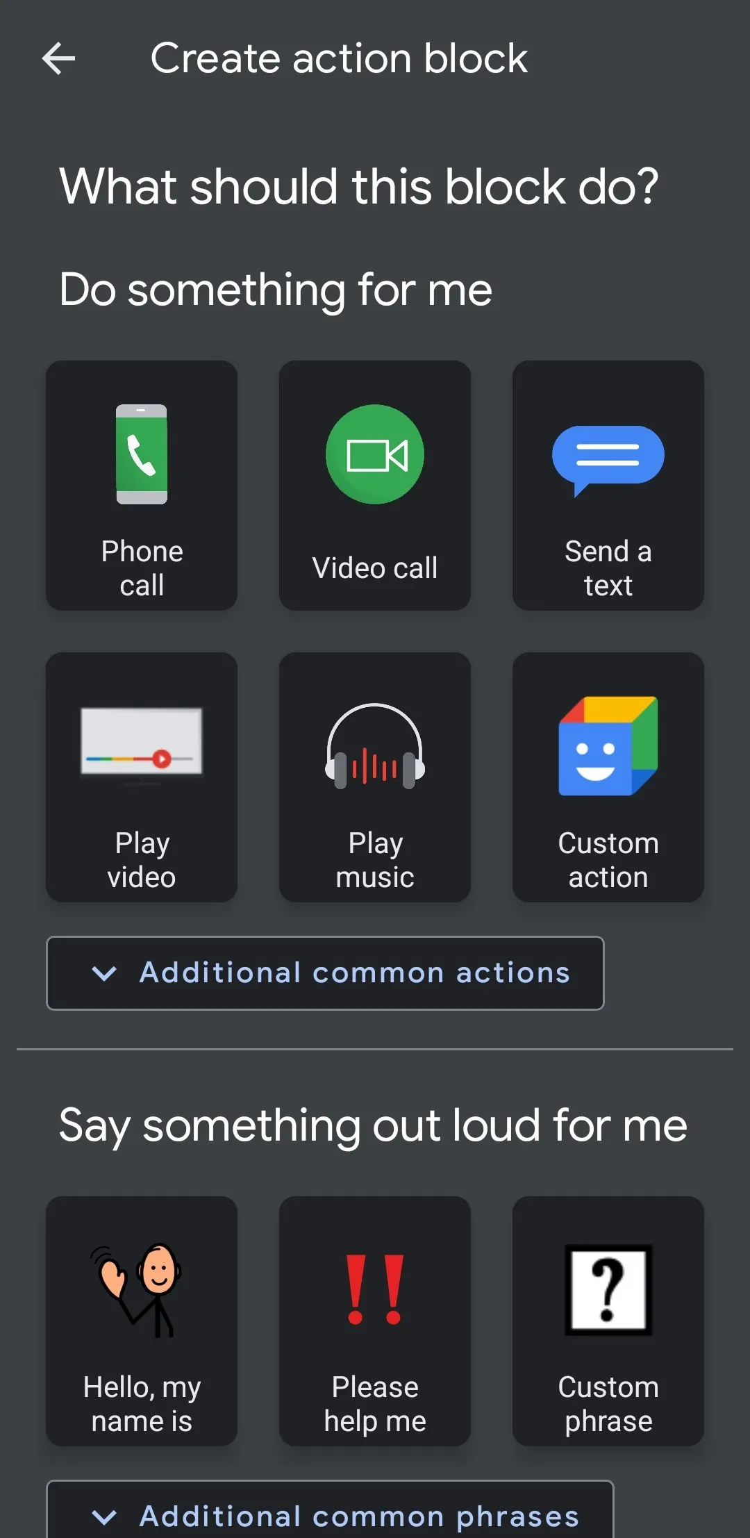 Giao diện ứng dụng Action Blocks trên điện thoại Android, hiển thị các khối hành động