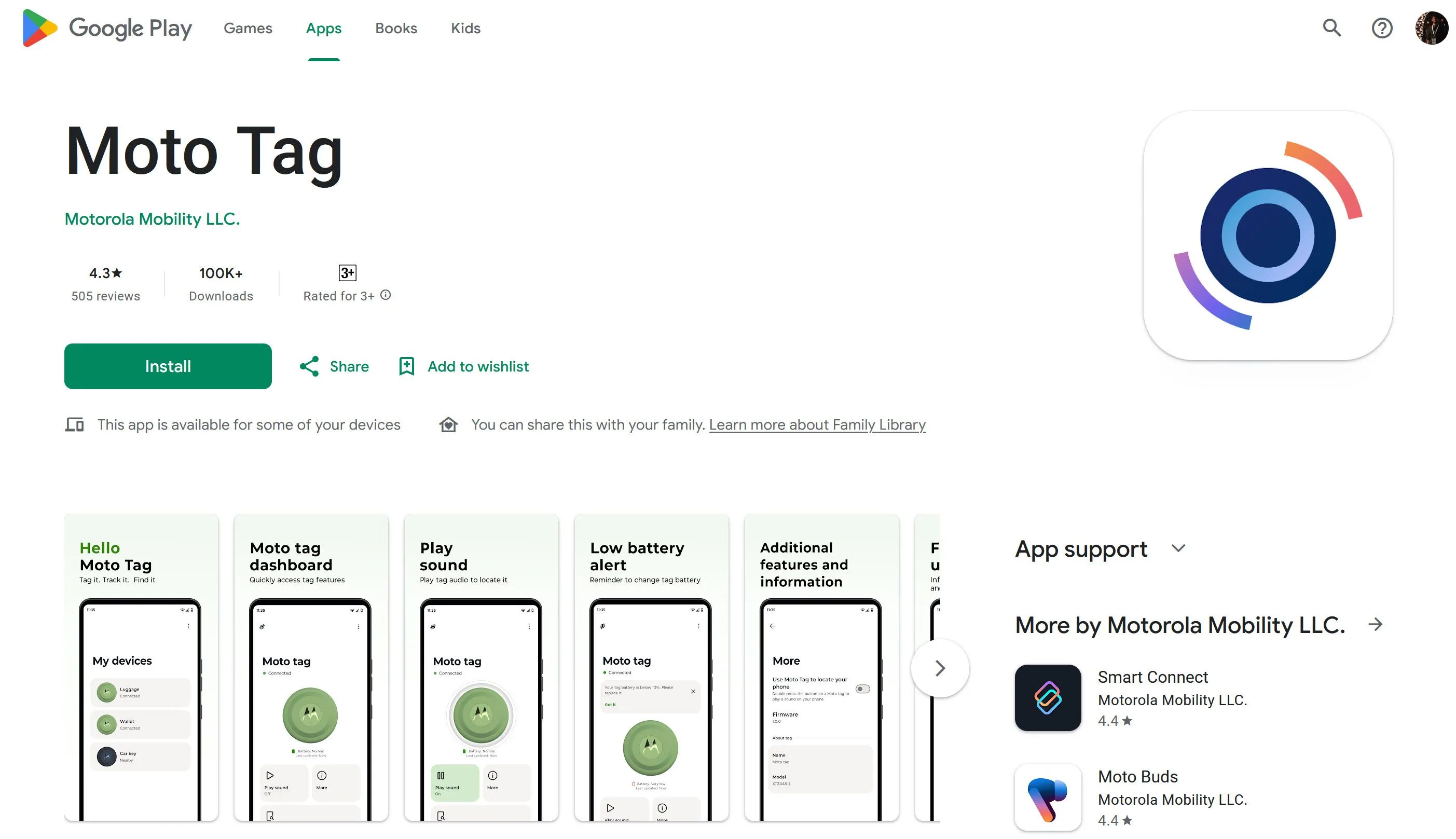 Giao diện ứng dụng Moto Tag trên Play Store