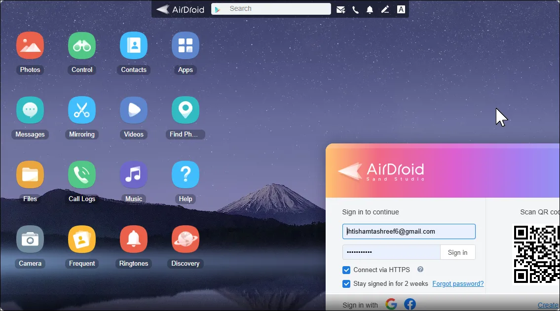 Giao diện web của AirDroid, hiển thị bảng điều khiển trực tuyến để quản lý và điều khiển điện thoại Android từ máy tính, với các tính năng như gửi tin nhắn và chuyển file.