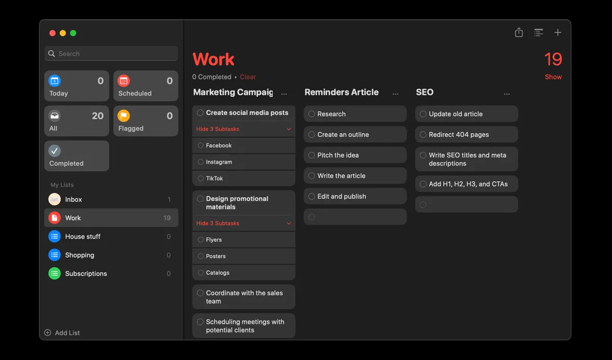 Giao diện xem theo cột (Kanban view) trong ứng dụng Apple Reminders giúp tổ chức công việc trực quan