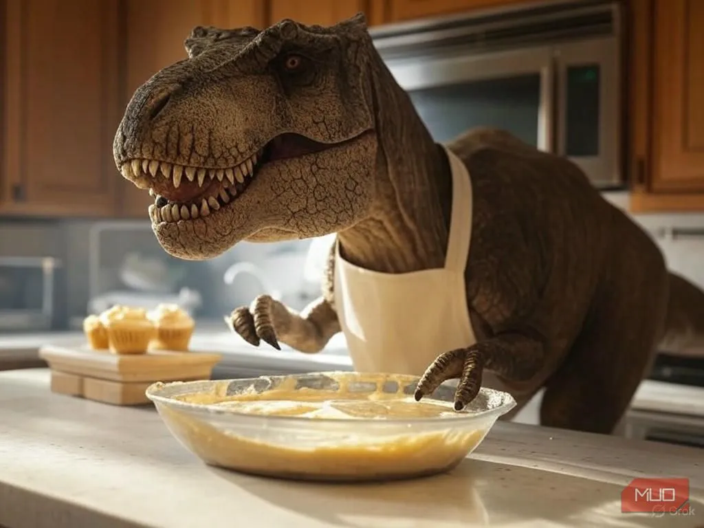 Hình ảnh AI tạo ra khủng long T. rex đang nướng bánh cupcake với tạp dề đầu bếp