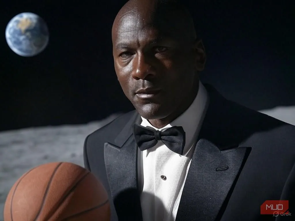 Hình ảnh AI tạo ra Michael Jordan chơi bóng rổ trên mặt trăng trong bộ tuxedo