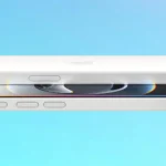 Hình ảnh iPhone 16e màu xanh từ phía sau và phía trước, thể hiện thiết kế tổng thể và nút Tác vụ
