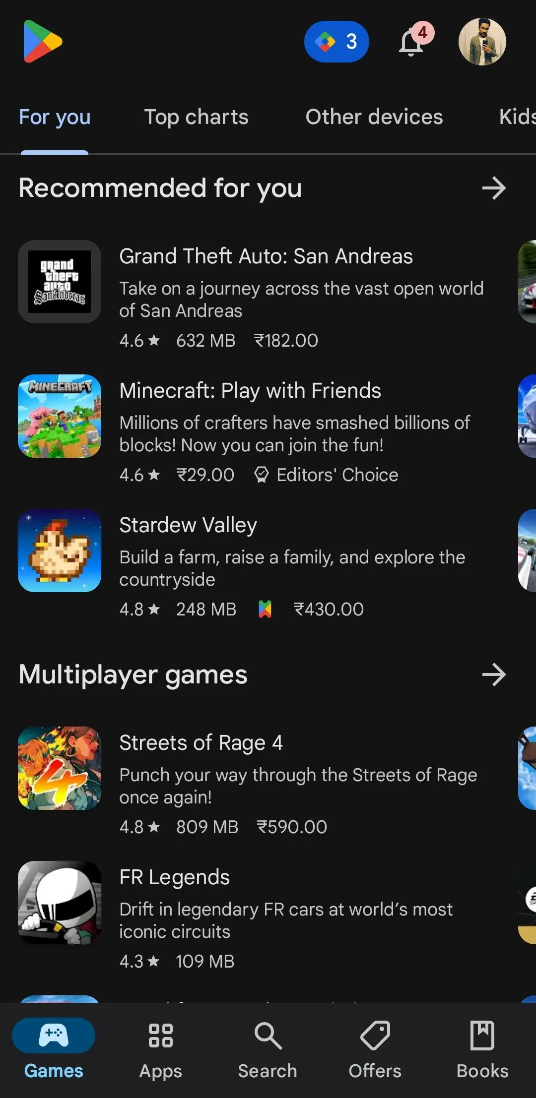 Màn hình chính Google Play Store trên điện thoại Android với nhiều ứng dụng và trò chơi phổ biến.