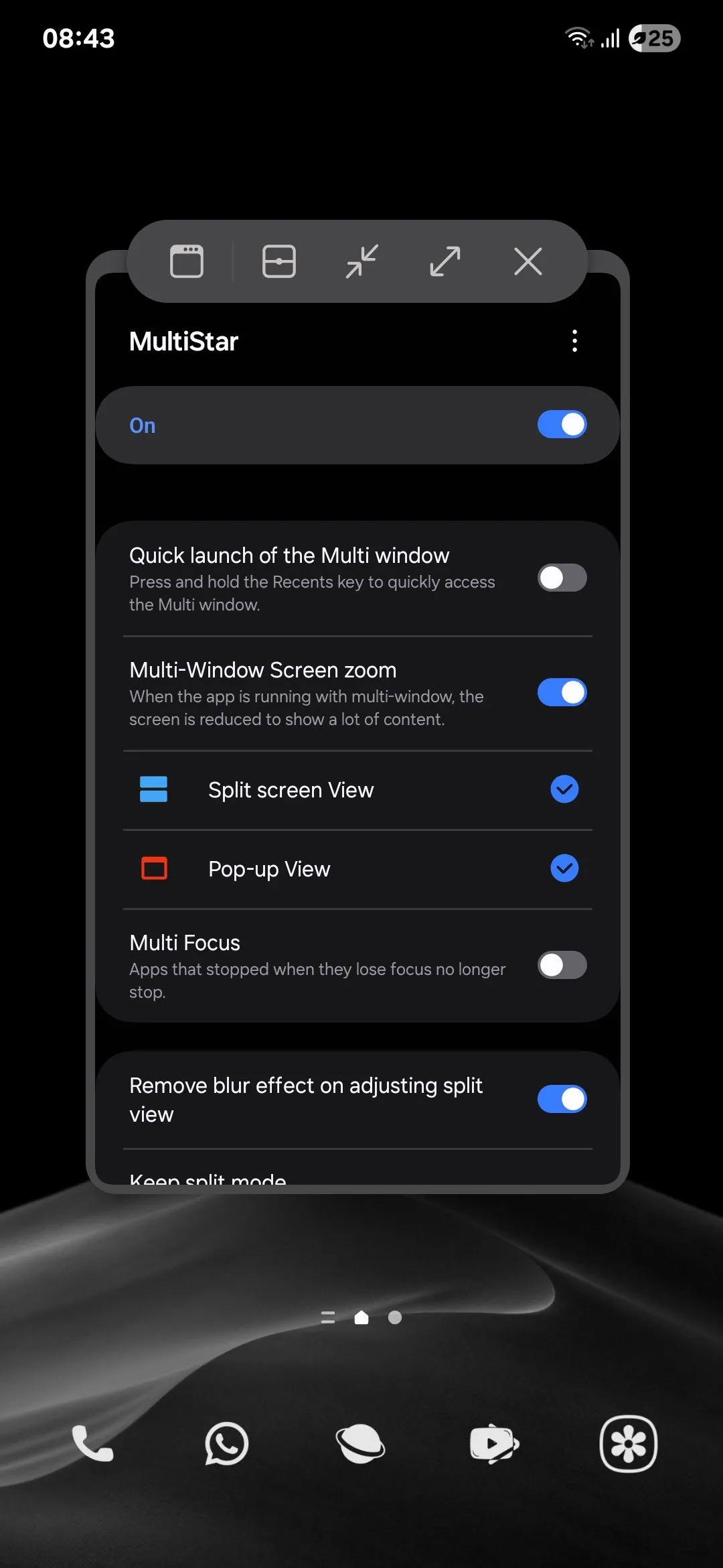 Màn hình điện thoại Samsung hiển thị chế độ xem pop-up với nội dung thu nhỏ sau khi kích hoạt MultiStar.