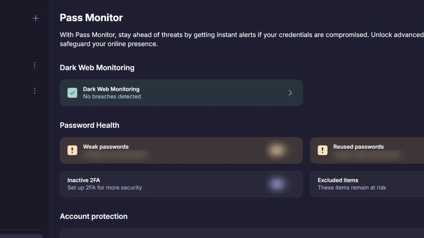 Màn hình giám sát Dark Web của Proton Pass cho thấy không có dữ liệu bị rò rỉ