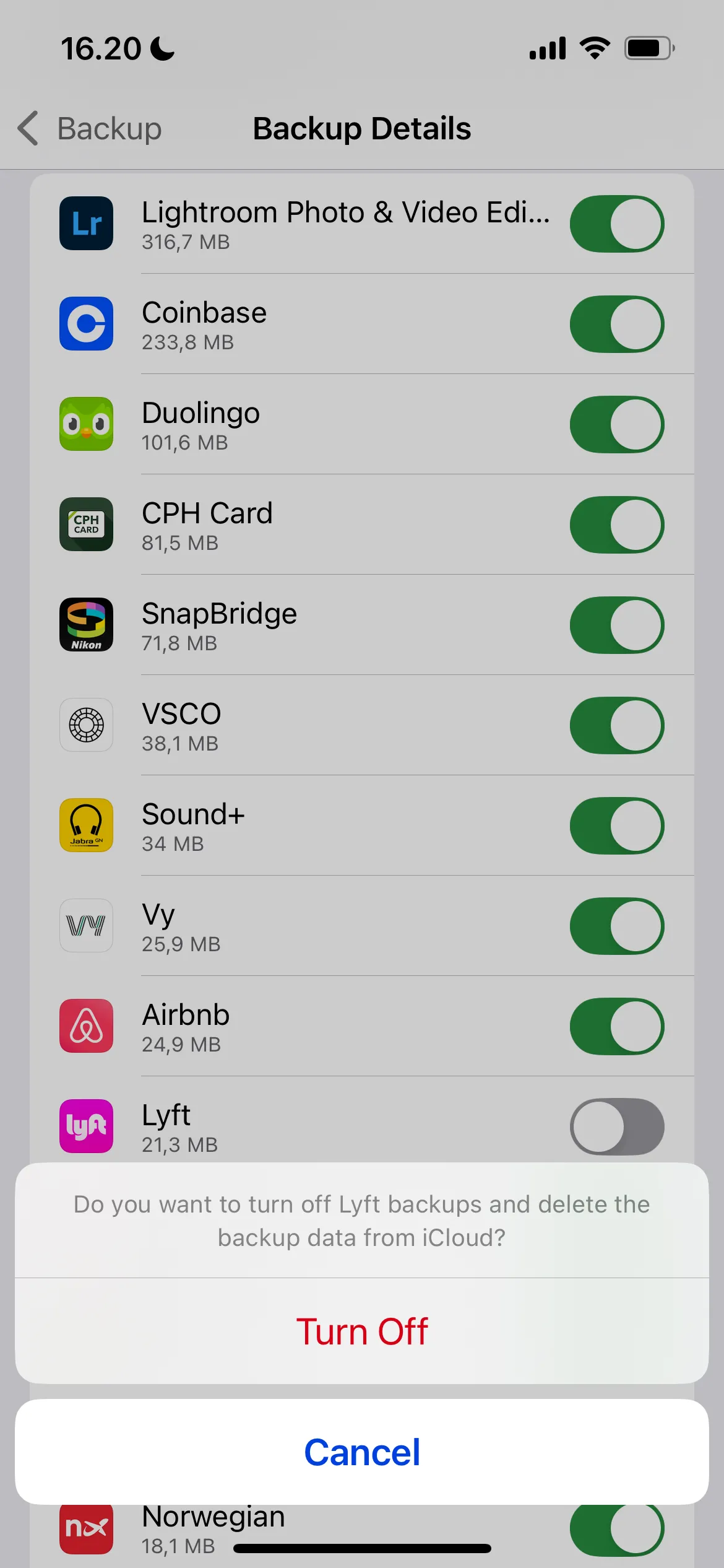 Màn hình tắt cài đặt sao lưu iCloud, cho phép vô hiệu hóa sao lưu cho các ứng dụng không cần thiết.