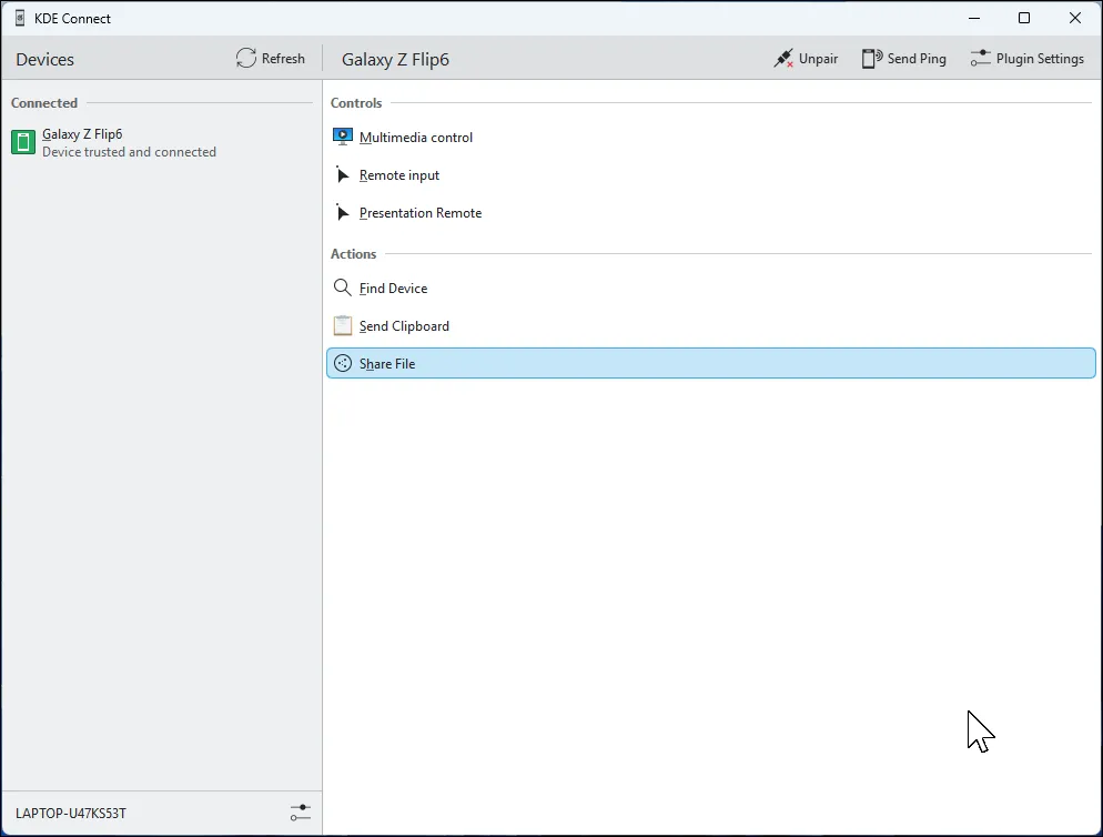 Màn hình ứng dụng KDE Connect đang mở trên Windows 11, hiển thị giao diện kết nối giữa điện thoại và máy tính, tối ưu trải nghiệm đa nền tảng.