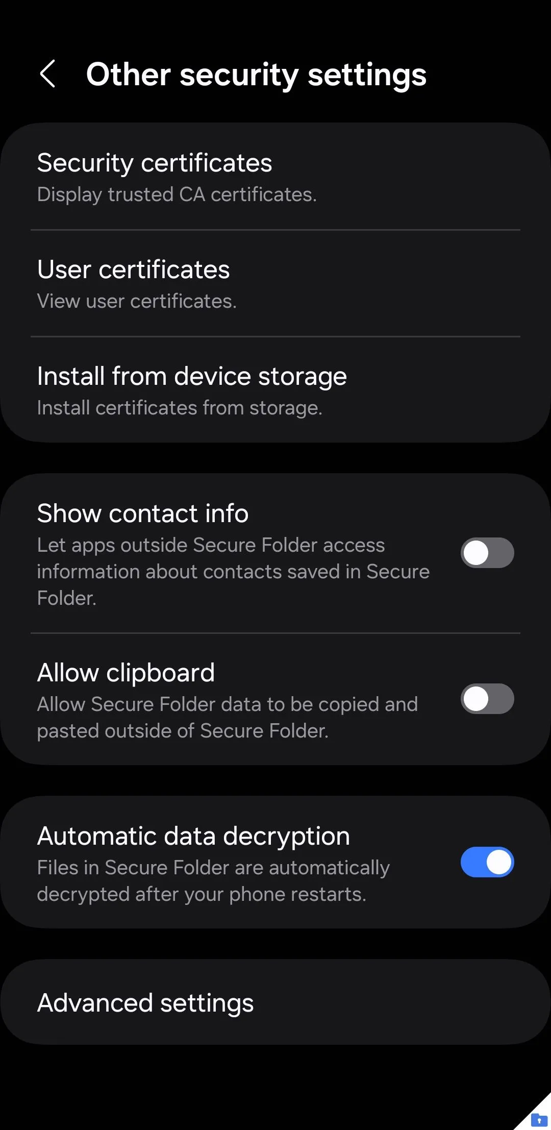 Menu cài đặt bảo mật nâng cao của Thư mục Bảo mật Samsung, hiển thị tùy chọn giải mã dữ liệu tự động.