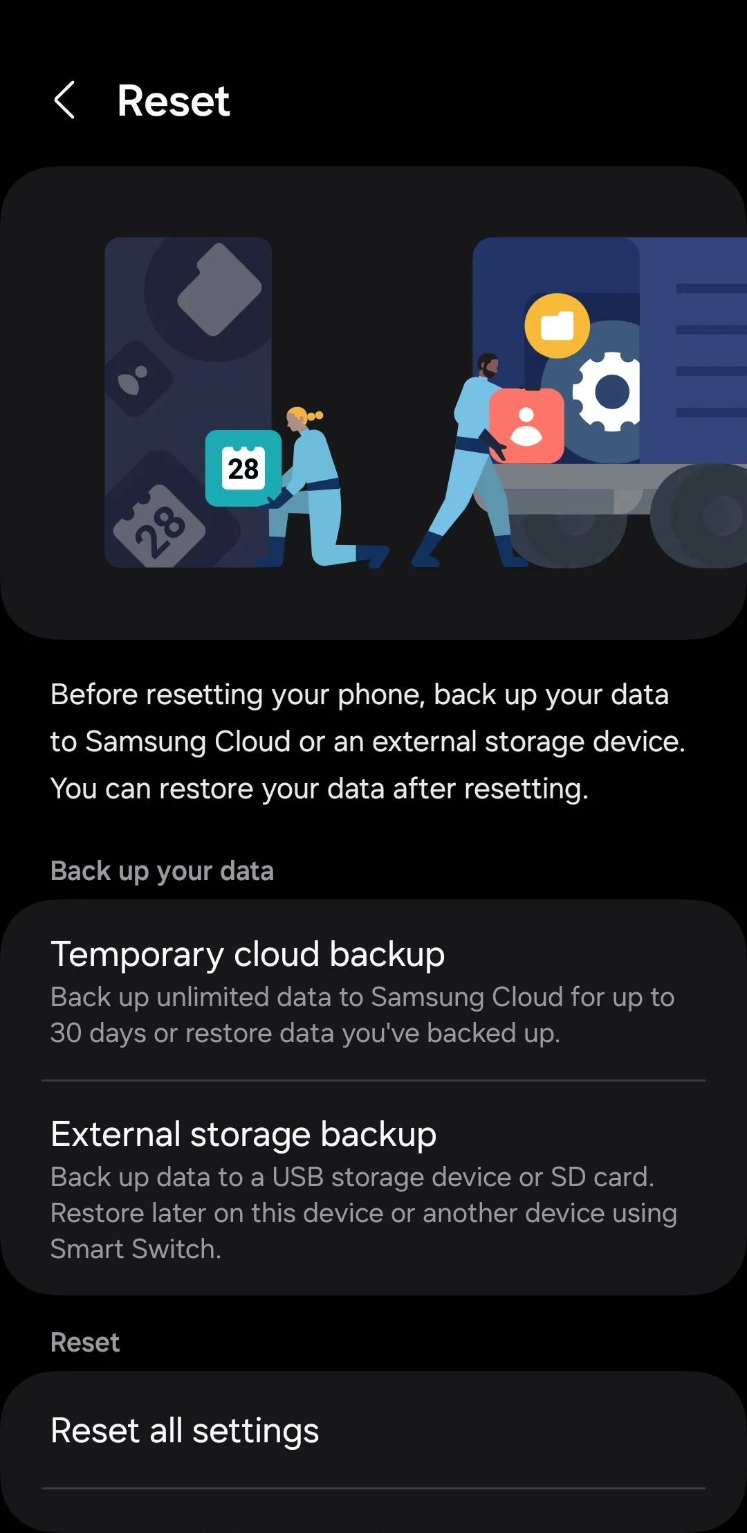 Menu &quot;Reset&quot; (Đặt lại) trên điện thoại Samsung, cung cấp các tùy chọn khôi phục cài đặt gốc.