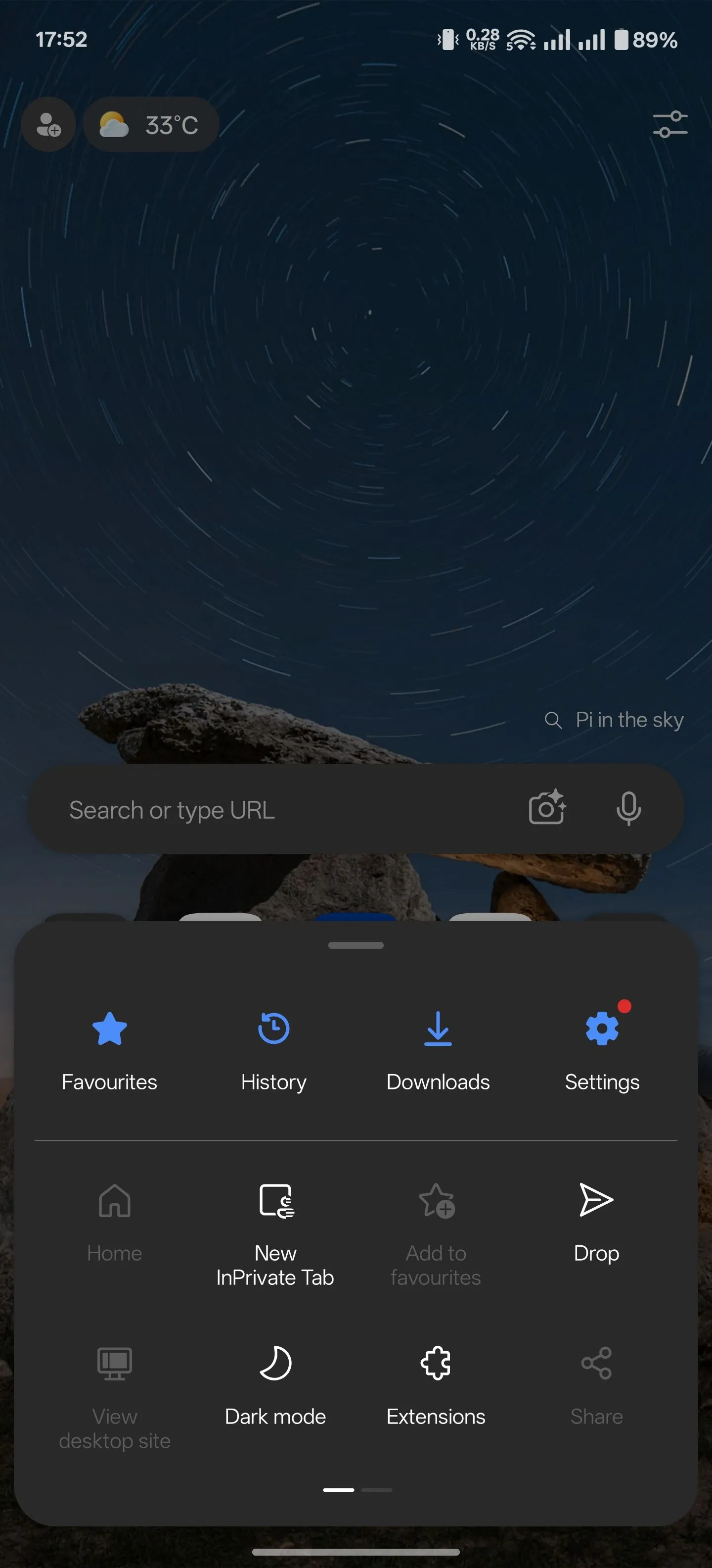 Menu tùy chọn trên trình duyệt Edge Android
