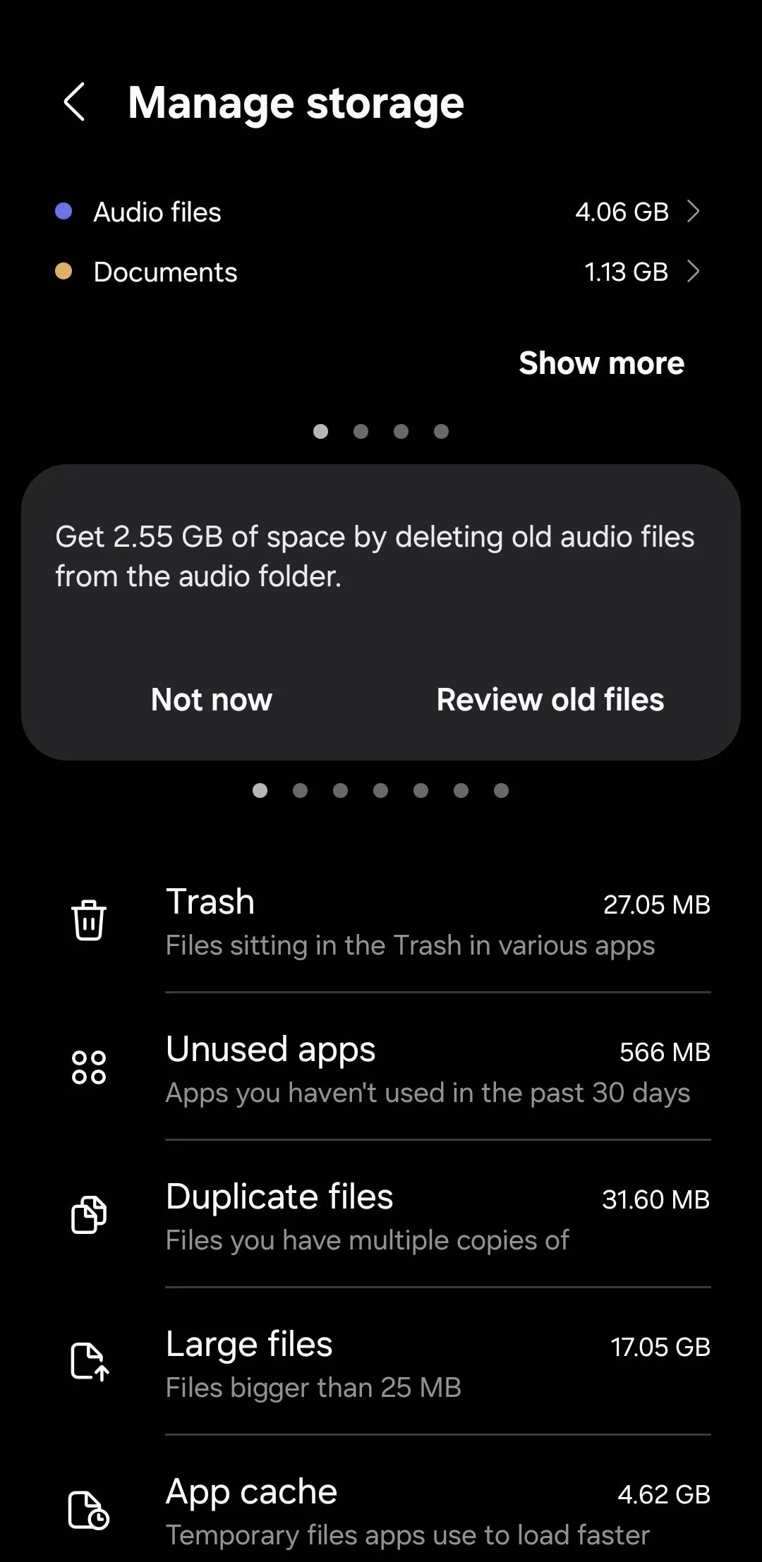 Mục &quot;App cache&quot; (Bộ nhớ đệm ứng dụng) trong giao diện quản lý lưu trữ của Samsung.