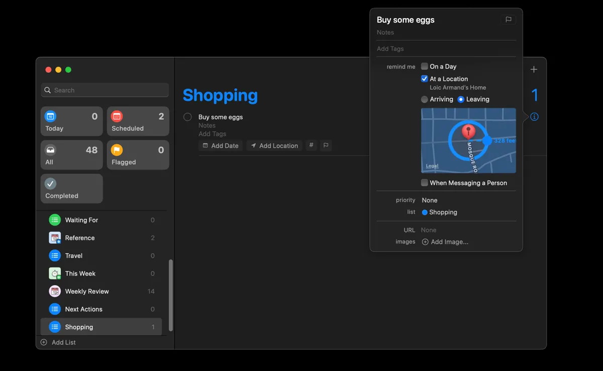 Thiết lập nhắc nhở dựa trên vị trí trong Apple Reminders trên máy Mac