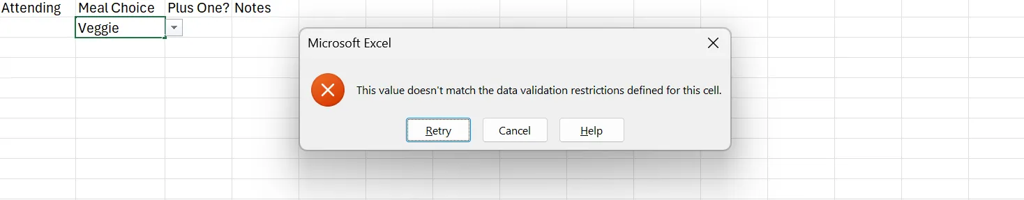 Thông báo lỗi từ tính năng Xác thực dữ liệu (Data Validation) trong Microsoft Excel, nhắc nhở người dùng nhập đúng định dạng