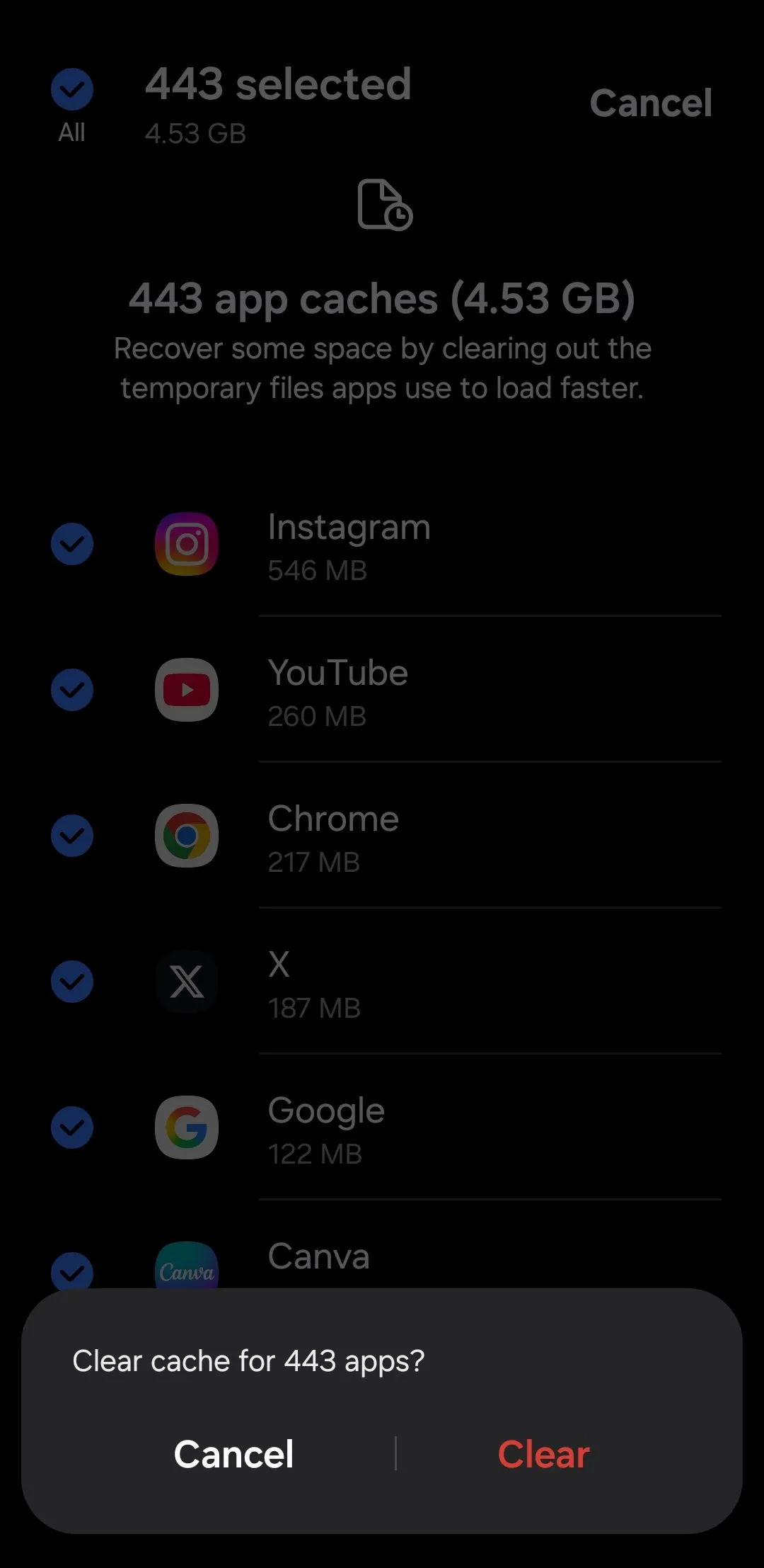 Tùy chọn &quot;Clear caches&quot; (Xóa bộ nhớ đệm) để dọn dẹp dữ liệu tạm thời từ tất cả ứng dụng trên Samsung.